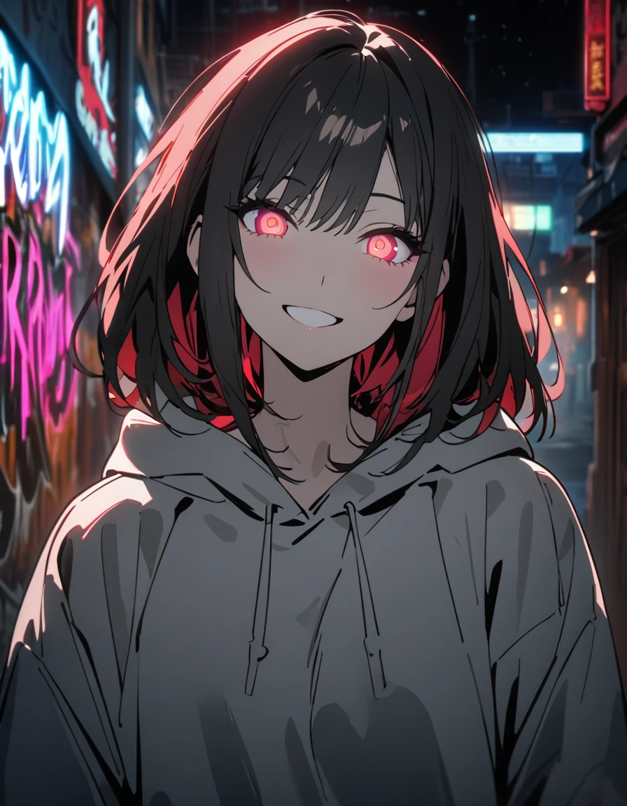 masterpiece, Best Quality, 8k, detailed background, masterpiece, Best Quality, smile,  t I ,  HOODIE, Portraiture, Neon Red, graffiti, dark, night, Shining Eyes,  Black Light, Chinatown