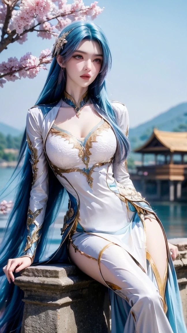 "An extremely beautiful queen,(best quality,4k, highres,masterpiece:1.2),ultra-detailed,(realistic,photorealistic,photo-realistic:1.37),beautiful q, sparkling crown, colorful gemstones, golden scepter, elegant pose, soft lighting, vibrant colors,delicate facial features, long flowing hair, black eye pupils, The big, round platinum eyes are beautiful and super detailed, red and detailed makeup eyebrows, mouth closed tightly, dreamy atmosphere, the most perfect body, ethereal beauty, proud expression, clasped the hands behind her back, strikingly graceful, lovely and charming, attention to detail, regal and majestic,fairytale-like ambiance,1 girl, 1 alone, full body, blue dressHere's a text prompt you can use to generate an image similar to the one you uploaded:

"Create a serene scene of a beautiful young woman with long blue hair, dressed in an elegant white and blue dress with intricate designs. She is sitting gracefully on a stone bridge with cherry blossom trees around her, pink petals gently falling. The setting is in a peaceful mountain landscape, with misty mountains and a calm lake in the background. The lighting is soft and warm, capturing the essence of a calm spring morning. The woman's expression is calm and thoughtful, and her hair flows gently in the breeze."

This prompt should help recreate a similar atmosphere and style for your image.

