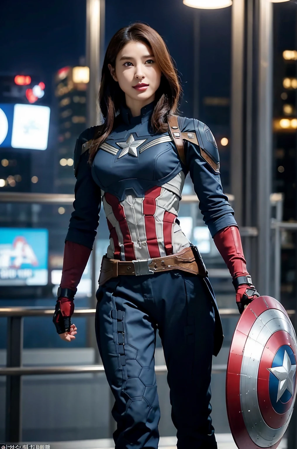 masterpiece,  1 girl, Beautiful woman、Marvel's Captain America , Delicate and delicate features,  American Dream ,  holding a round shield ,  The futuristic Times Square in New York is in the background,  Sci-fi ,  brown,  big and round breasts that stick out of the body, Big Breasts,  superheroine , Perfectly Proportioned,   Unvolume 1 Photo ,  super real , masterpiece, 8k, Large format camera , マーベルのキャプテン・アメリカ役のBeautiful womanの110mmレンズ ,  Dynamic Lighting ,  Captain America costume design for the 2022 movie Avengers Endgame,  a shield with a diameter of 90 cm that is the symbol of Captain America , Overall bright,  stretch your chest, grab your right hand at the waist, hold the shield in your left hand, Standing straight with legs shoulder-width apart , Looking at me with a smile, Full body portrait wearing a Captain America costume designed during Avengers Endgame, Anatomically correct , Horizontal angle to the front of the body,  full shot ,  Bright, soft lighting in sunlight , 