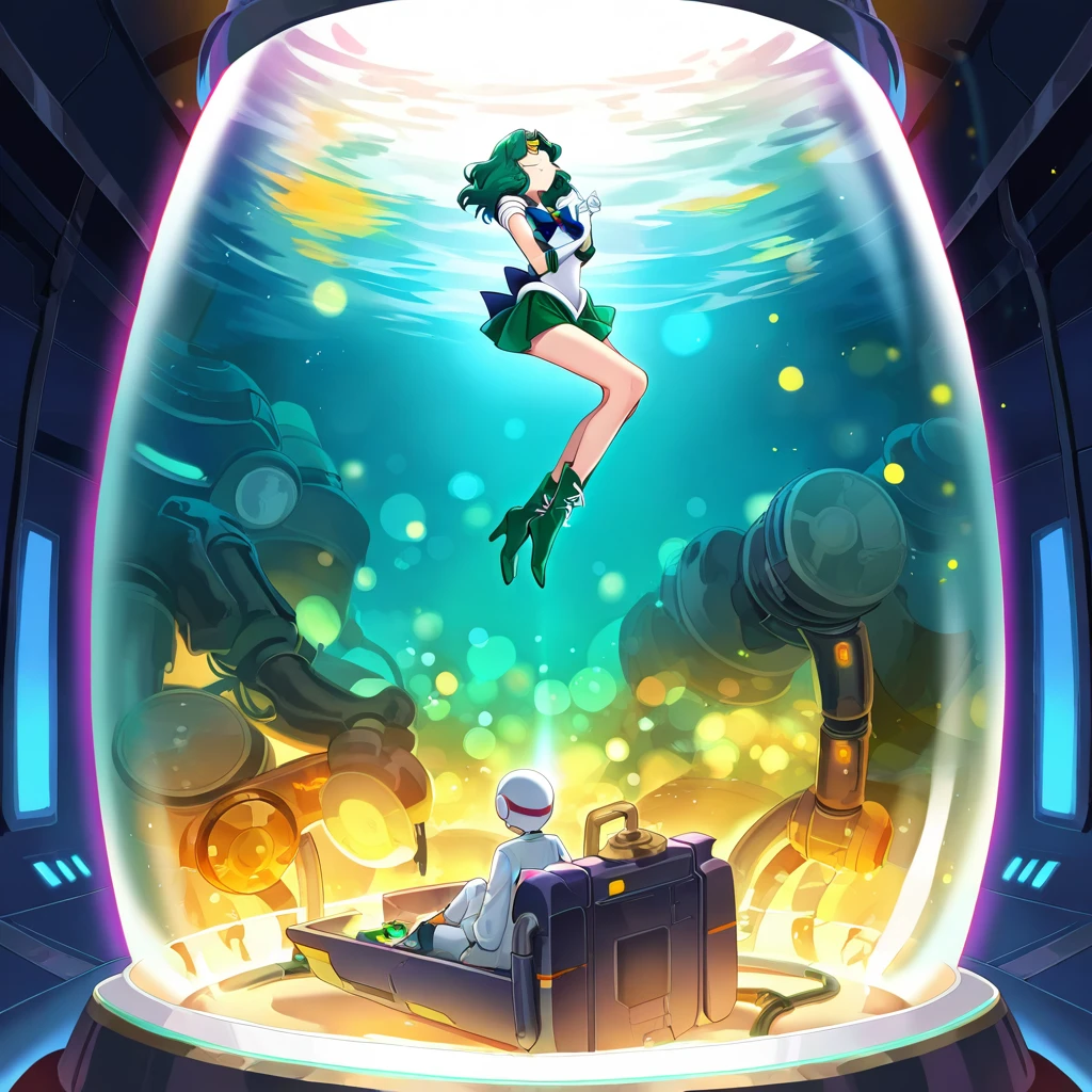 1 girl, full body, sailor Neptune, closed eyes, in tank, torn clothes:1.2, floating, in laboratory, best quality,highres,studio lighting, vivid colors,bokeh,sci-fi, ****ung boy watching girl, scenery,