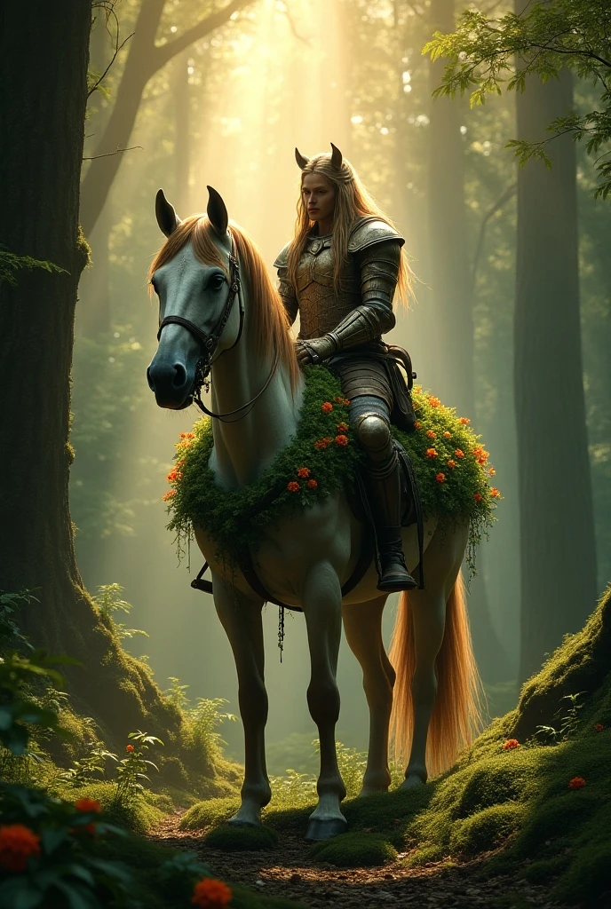Firenze stands majestically in thick , mystical forest . His upper body is human , with long, flowing hair and armor made of natural materials . The lower part of his body is that of a strong horse , decorated with green moss and bright flowers . Sunrays can be seen in the background , that shines through the treetops and creates a magical atmosphere.
