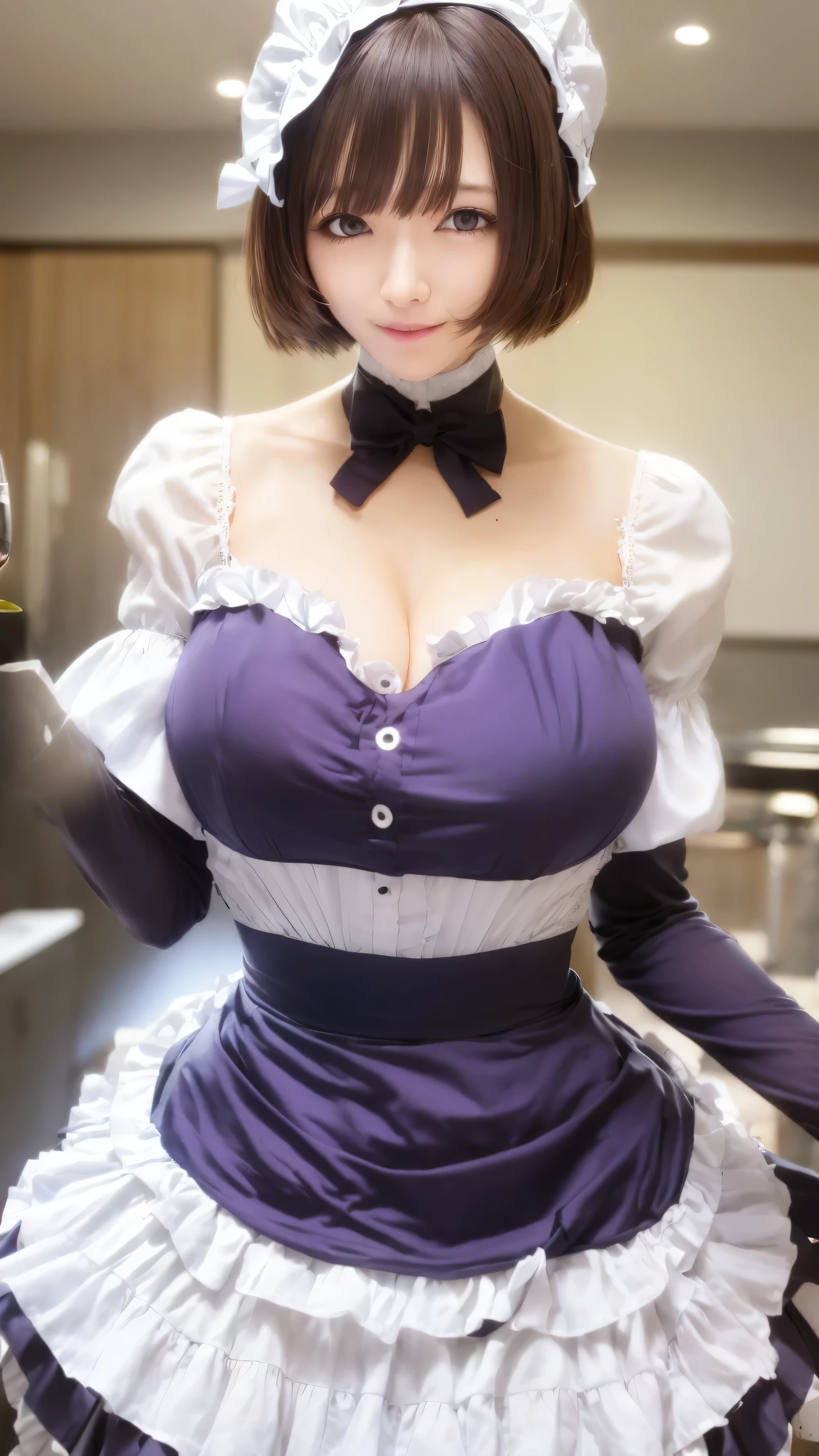 A happy maid woman beautiful big breasts beautiful sexy cute attractive big dark brown hair disheveled cut her light yellow eye big eyelashes purple maid top dresses shows her navel and dresses metallic purple maid skirt