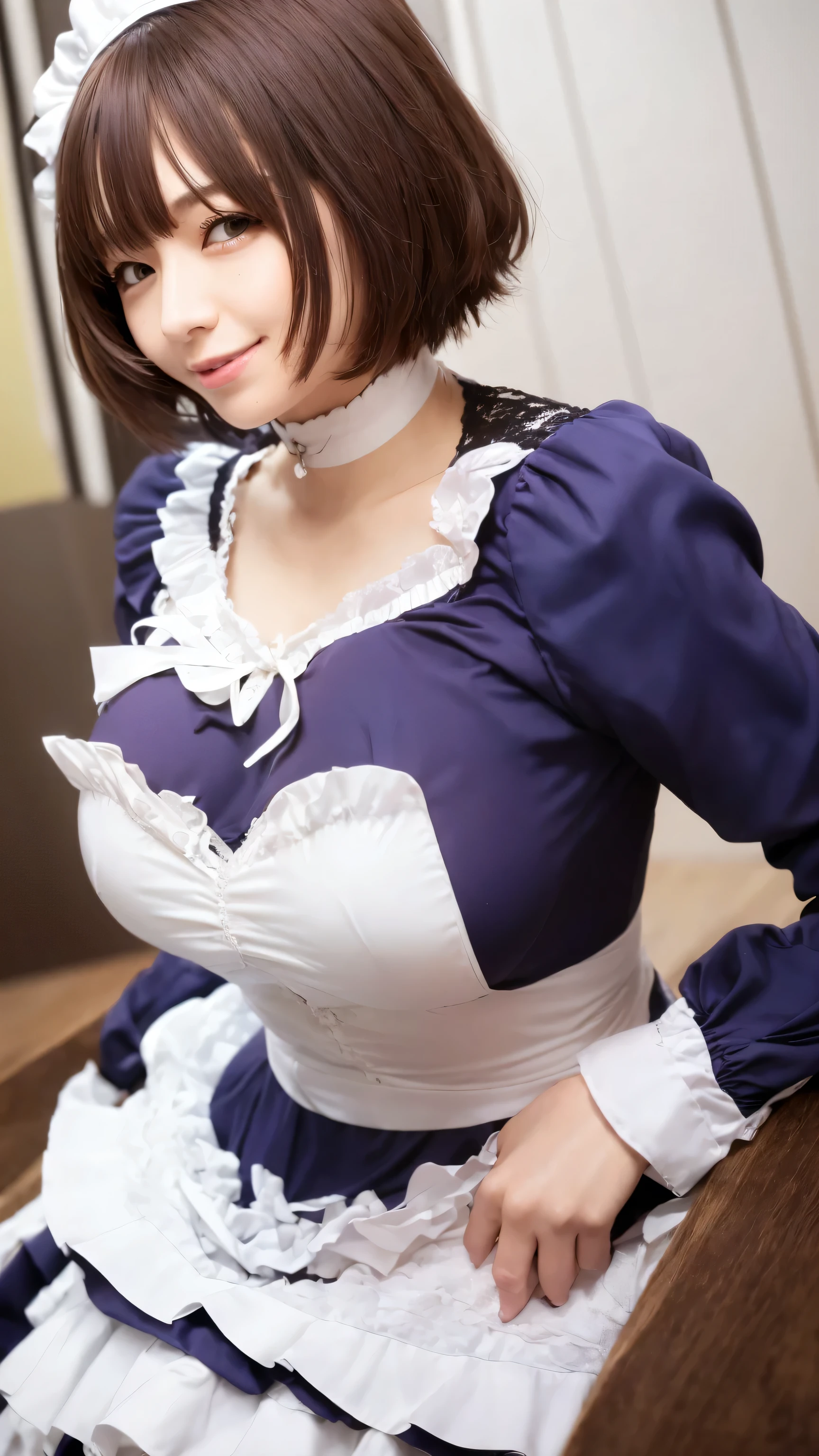 A happy maid woman beautiful big breasts beautiful sexy cute attractive big dark brown hair disheveled cut her light yellow eye big eyelashes purple maid top dresses shows her navel and dresses metallic purple maid skirt