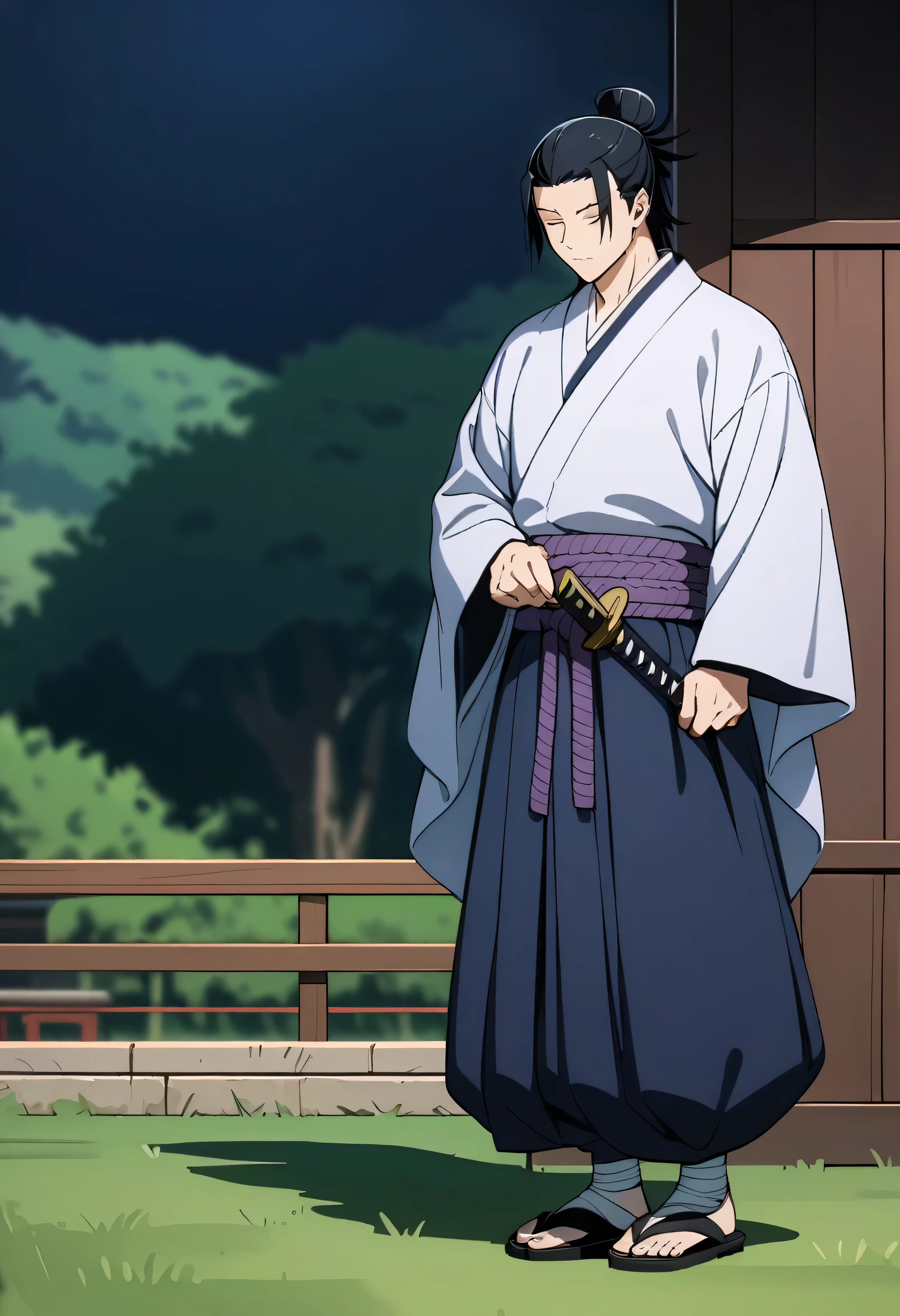 masterpiece, best quality, perfect lighting, high resolution, 1 guy, samurai, muscular, (tall stature), slim build, black hair, (manbun samurai hairstyle), spiky dual bangs, shut eyes, calm demeanor, handsome, (masculine face), (white baggy long-sleeve kimono top), long faded-blue cloth wrapped around waist, (thick light-purple rope wrapped around waist), mildly baggy navy-blue pants, (black bandages wrapped over ankles), black sandals, ((sheathed katana behind on waist)), arms crossed, full body view, three-quarter view, pasture background, (detailed background)