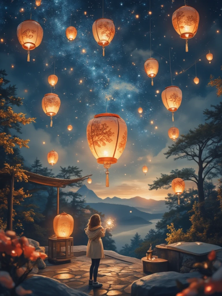 Floating Lanterns 、fire花、Hot、fire、 best quality、masterpiece、 details、  in high resolution