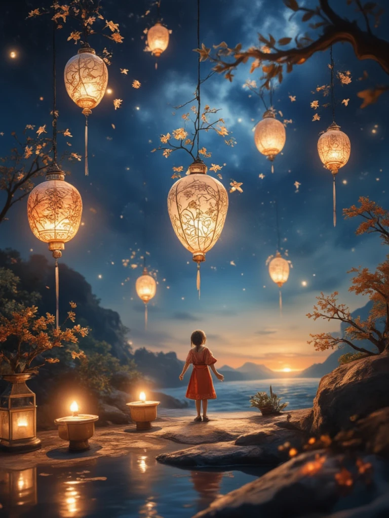 Floating Lanterns 、fire花、Hot、fire、 best quality、masterpiece、 details、  in high resolution