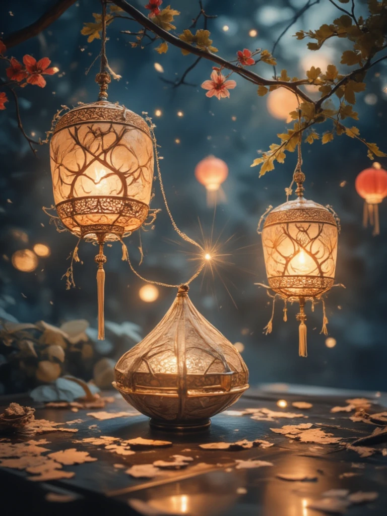 Floating Lanterns 、fire花、Hot、fire、 best quality、masterpiece、 details、  in high resolution