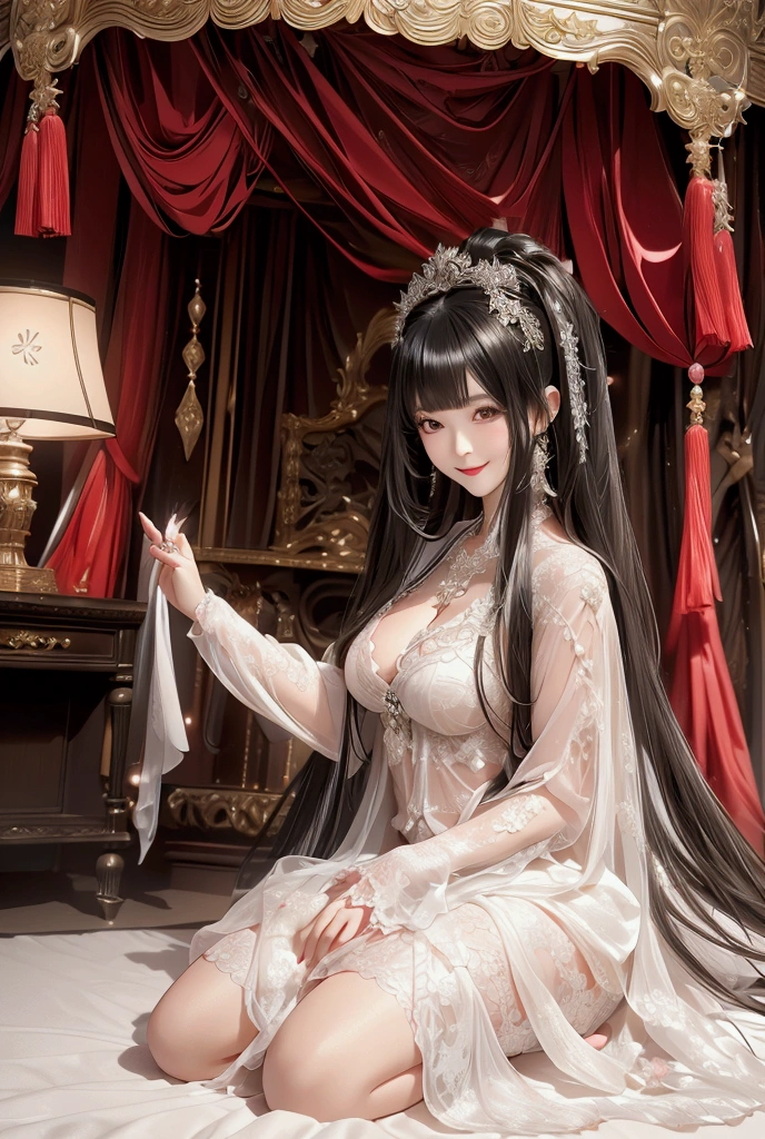 precise,  high detail ,  Very Detailed ,  European Palace Bed Room ，Japanese Demon Princess . Devil's Corner , Bangs, long hair, Smile, Wearing a European Lingerie Wedding Dress， Textured Skin ,  by the Bedside ， looking at the public