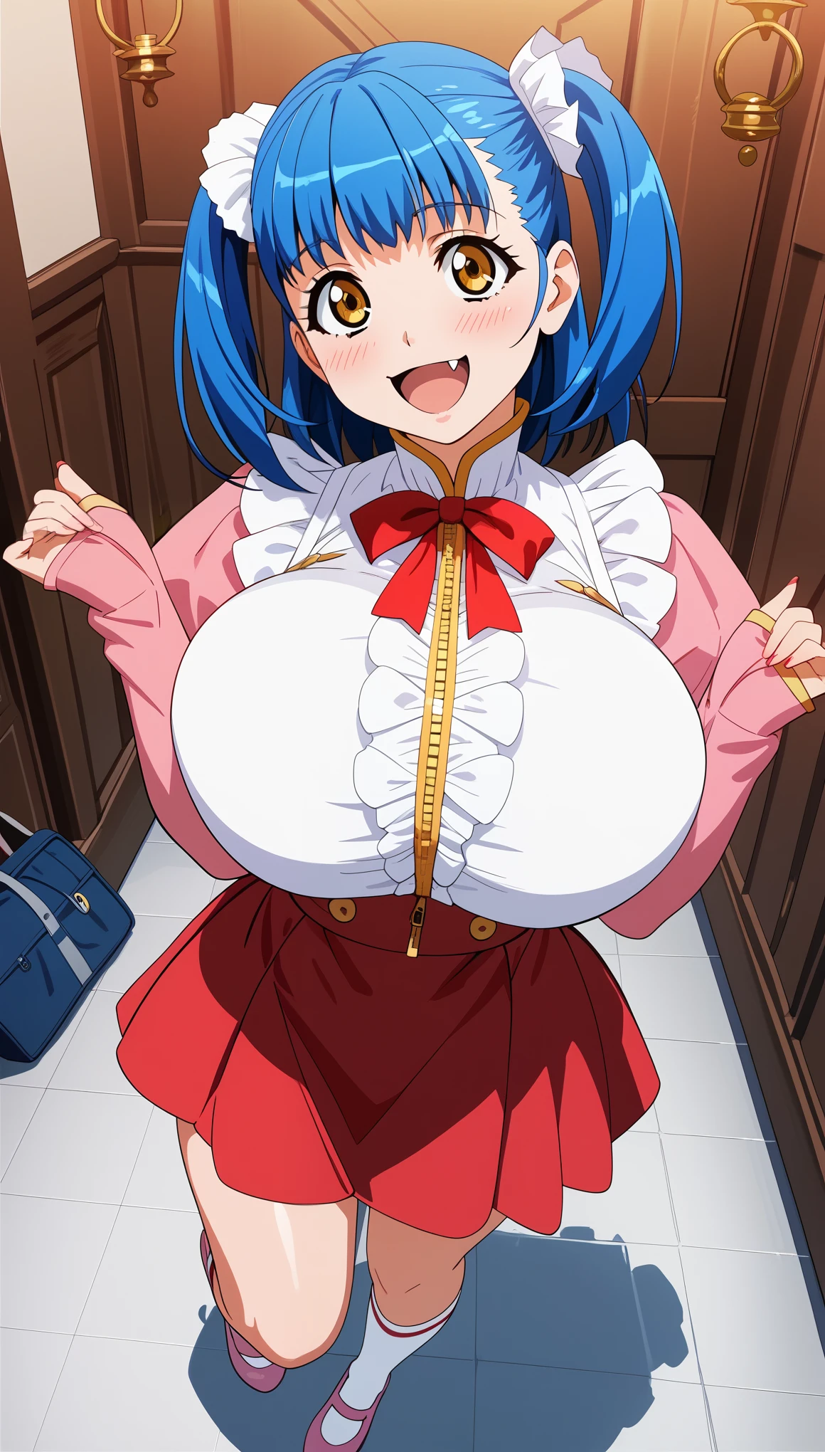 (Tuile(gravion),huge breasts,blue hair,yerrow eyes,twintail,two side up),(tuck out shirt,white shirt,red waist ribbon,gold zipper,white frill,red ribbon,Pink sleeves,Pink Shoes、White socks:1),official art,smile,blush,open mouth,fang,view from above,gigantic breasts,bursting breasts,cleavge cutout,happy