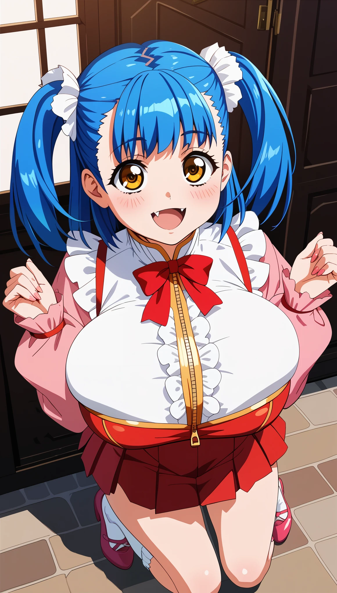 (Tuile(gravion),huge breasts,blue hair,yerrow eyes,twintail,two side up),(tuck out shirt,white shirt,red waist ribbon,gold zipper,white frill,red ribbon,Pink sleeves,Pink Shoes、White socks:1),official art,smile,blush,open mouth,fang,view from above,gigantic breasts,bursting breasts,cleavge cutout,happy