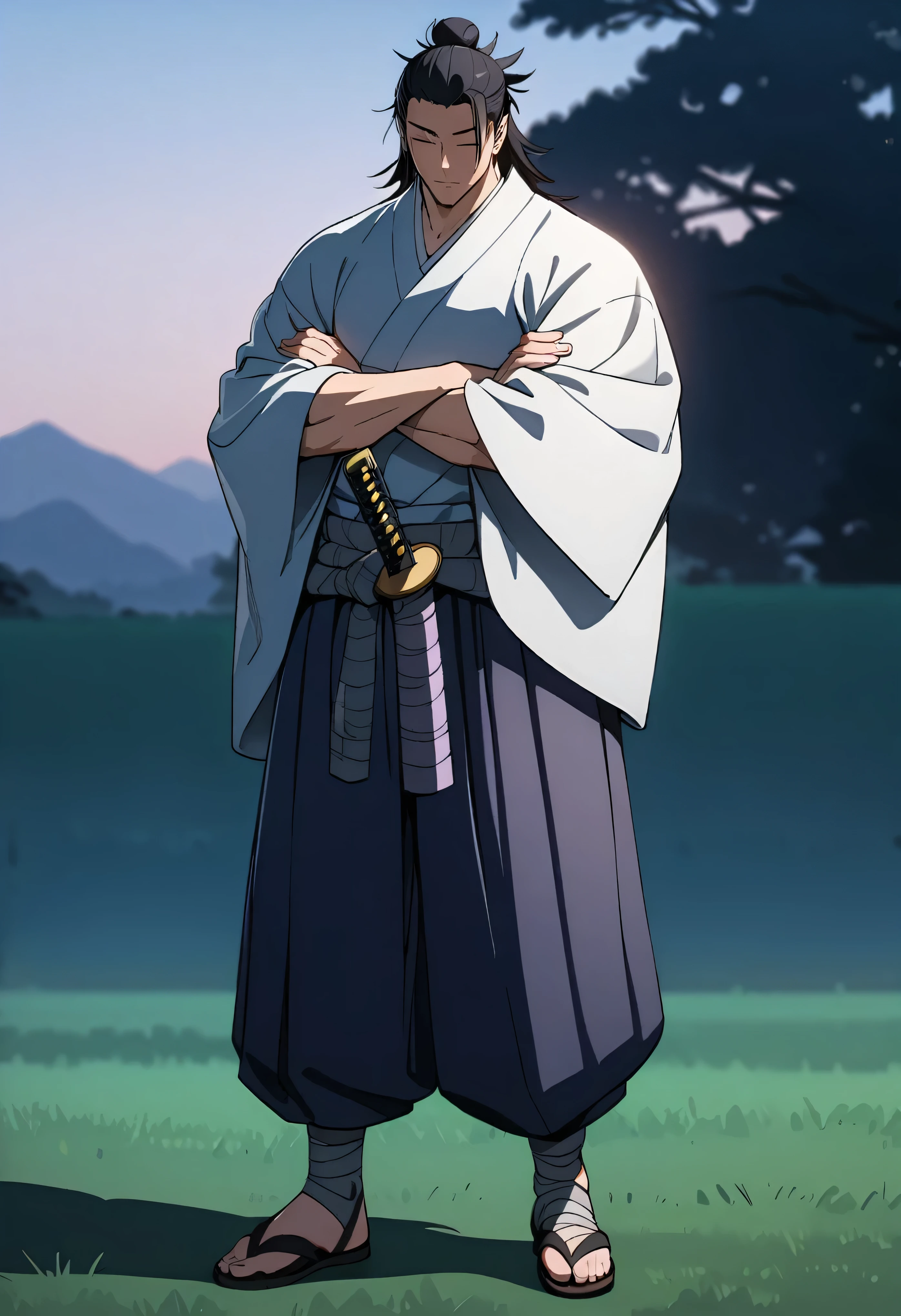 masterpiece, best quality, perfect lighting, high resolution, 1 guy, samurai, muscular, (tall stature), slim build, black hair, (manbun samurai hairstyle), spiky dual bangs, shut eyes, calm demeanor, handsome, (masculine face), (white baggy long-sleeve kimono top), long faded-blue cloth wrapped around waist, (thick light-purple rope wrapped around waist), mildly baggy navy-blue pants, (black bandages wrapped over ankles), black sandals, ((sheathed katana behind on waist)), arms crossed, full body view, three-quarter view, pasture background, (detailed background)