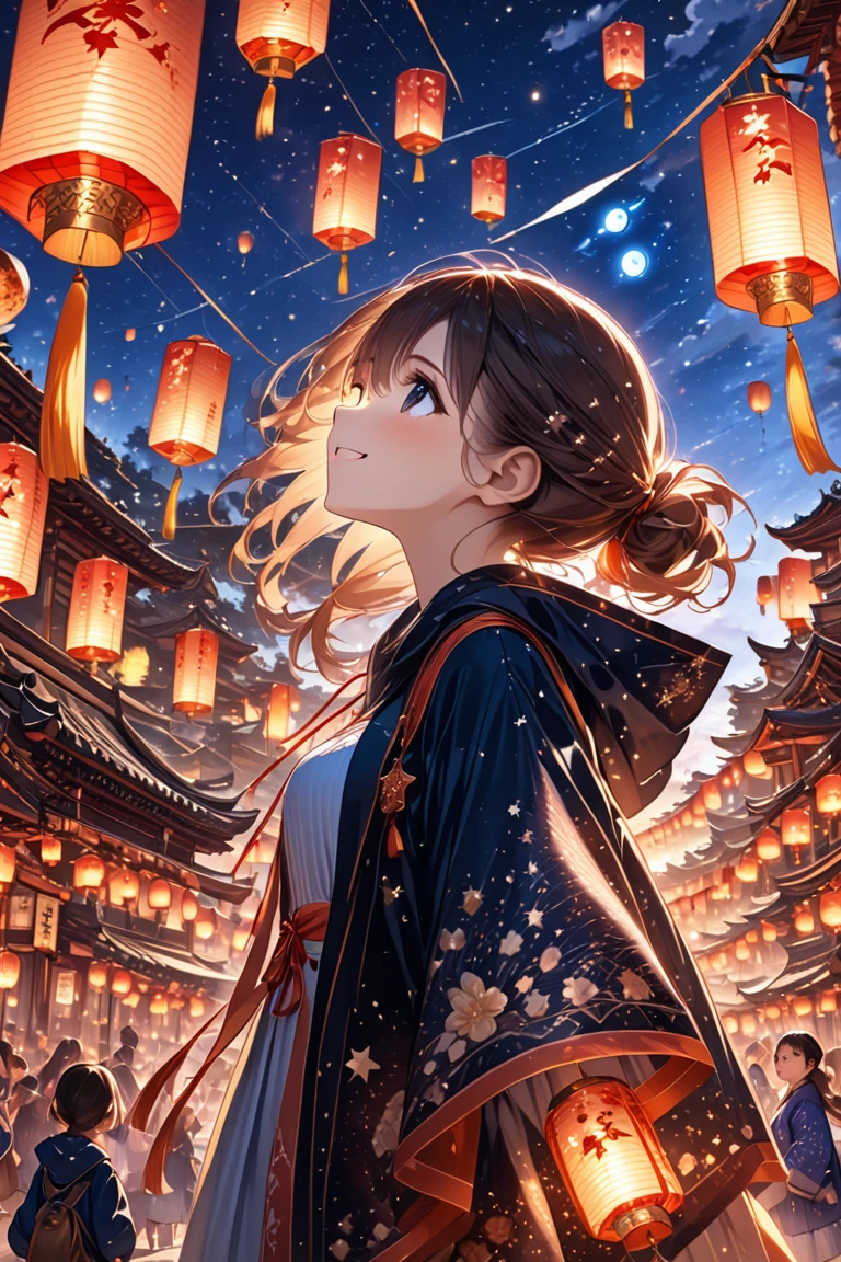 1girl,beautiful detailed black eyes, beautiful detailed face,playing kites, kites, bright smile, looking up, from side, nigh time, many flying lantern on the sky, floating lanterns,sky with various connected star astrological sign, Sagittarius star ,glowing lantern, lantern festival, amazing quality, masterpiece, high detailed, 4K UHD,