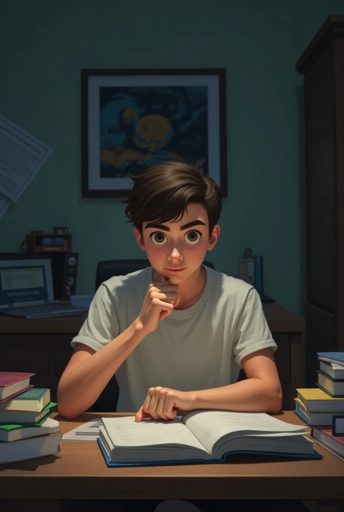 12th standard boy sitting in his room on his study table with his school report card 
