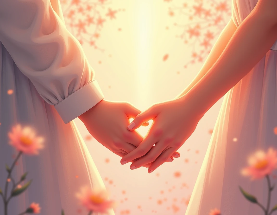 A couple of two young lovers interlace their 5-fingered hands romantically without their faces being seen, Their hands that are romantically intertwined are surrounded by a red thread of destiny