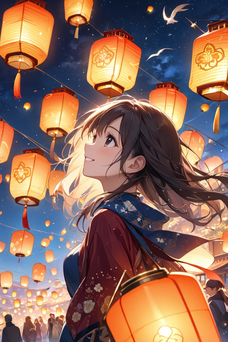 1girl,beautiful detailed black eyes, beautiful detailed face,playing kites, kites, bright smile, looking up, from side, nigh time, many flying lantern on the sky, floating lanterns,sky with various connected star astrological sign, Sagittarius star ,glowing lantern, lantern festival, amazing quality, masterpiece, high detailed, 4K UHD,