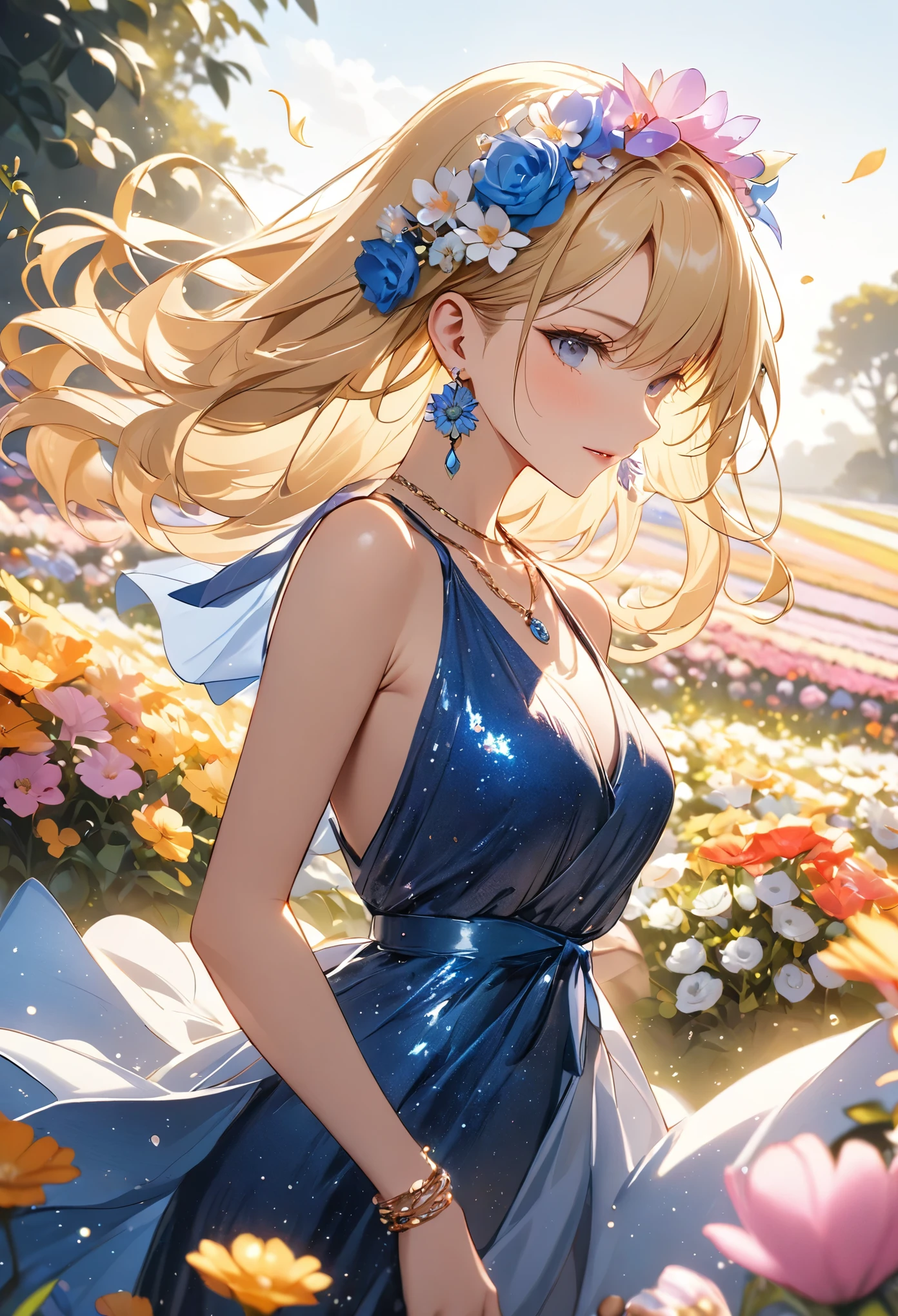 (Masterpiece), (8K), (Best Quality), 1girl, blonde, Illustration of a woman posing for a photo shoot in a flower garden, Flower fields all around, flower hairpiece, large earrings, necklace and bracelet made of nuts, hem of a long Oriental Blue glitter dress fluttering in the wind, hair fluttering in the wind, backlit to a golden colour, posing as a fashion model,