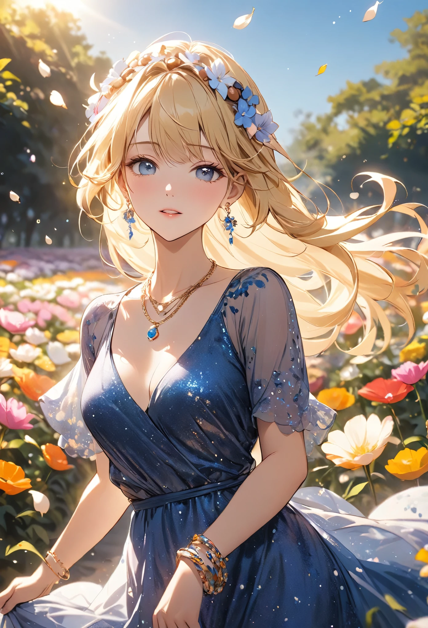 (Masterpiece), (8K), (Best Quality), 1girl, blonde, Illustration of a woman posing for a photo shoot in a flower garden, Flower fields all around, flower hairpiece, large earrings, necklace and bracelet made of nuts, hem of a long Oriental Blue glitter dress fluttering in the wind, hair fluttering in the wind, backlit to a golden colour, posing as a fashion model,