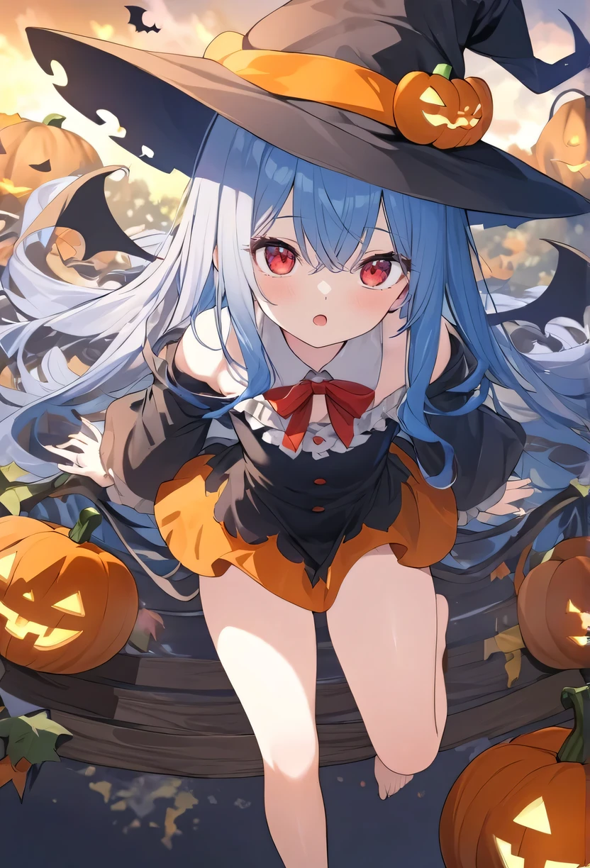 1 girl, game CG, orange mini dress, visible cleavage, visible shoulders, visible navel, black witch hat, cloak, orange panties, string hair ribbon, gigantic breasts, light blue hair, middle hair, two side up, blue eyes, Halloween background,