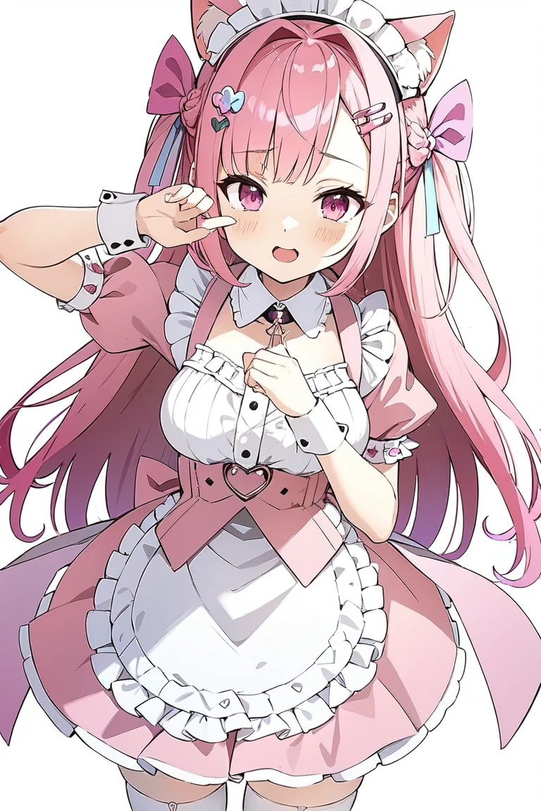 (Masterpiece,Top Quality:1.2),1 girl,solo,Sakuna,pink hair,animal ears,maid headdress,thigh highs,puffy short sleeves,cat like ears,dress,apron, white apron,long hair,two side up,light blue bow,hair ornament,puffy sleeves,short sleeves,pink dress,wrist cuffs,pink bow,sakuna,sakunaXL,sakuna,yuuki sakuna,(masterpiece,best quality,very aesthetic,ultra detailed),intricate details,pink heart background