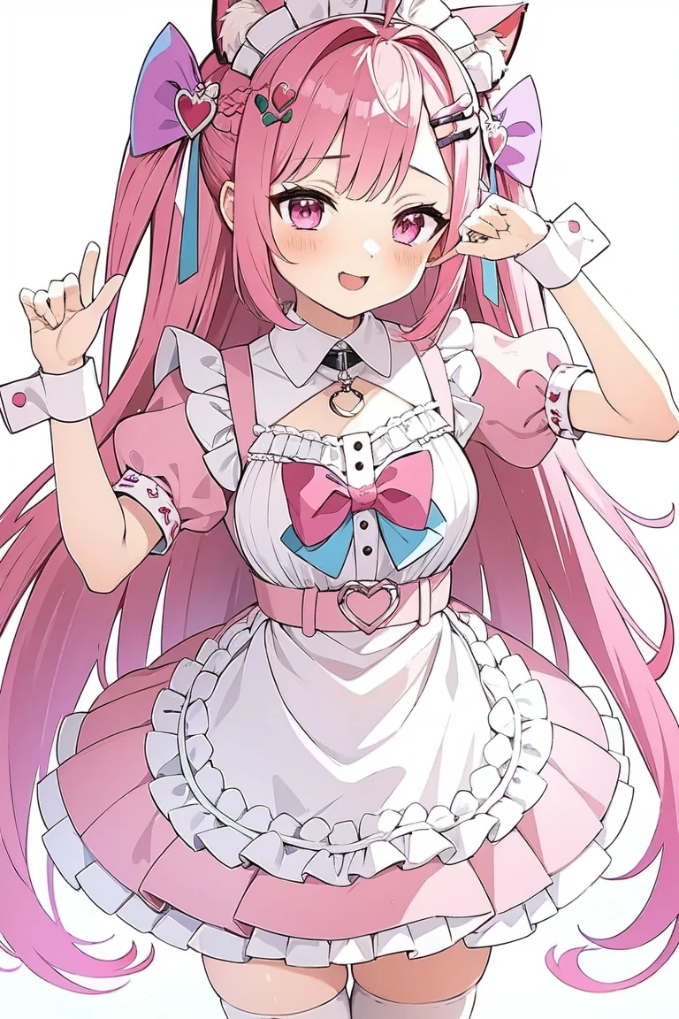 (Masterpiece,Top Quality:1.2),1 girl,solo,Sakuna,pink hair,animal ears,maid headdress,thigh highs,puffy short sleeves,cat like ears,dress,apron, white apron,long hair,two side up,light blue bow,hair ornament,puffy sleeves,short sleeves,pink dress,wrist cuffs,pink bow,sakuna,sakunaXL,sakuna,yuuki sakuna,(masterpiece,best quality,very aesthetic,ultra detailed),intricate details,pink heart background