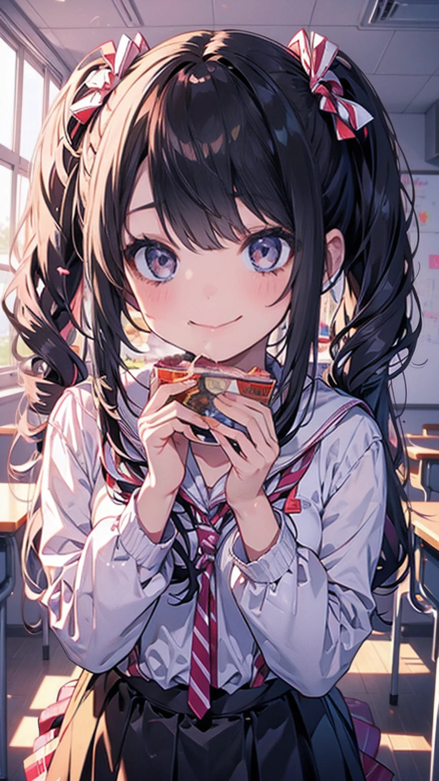 (masterpiece)、(Best Quality)、 highly detailed face holding 1  , straight hair, The dark-haired student ,Small breasts,Evening Classroom,8k, young girl, smile, twin tails, shy ,lure, eats Pocky