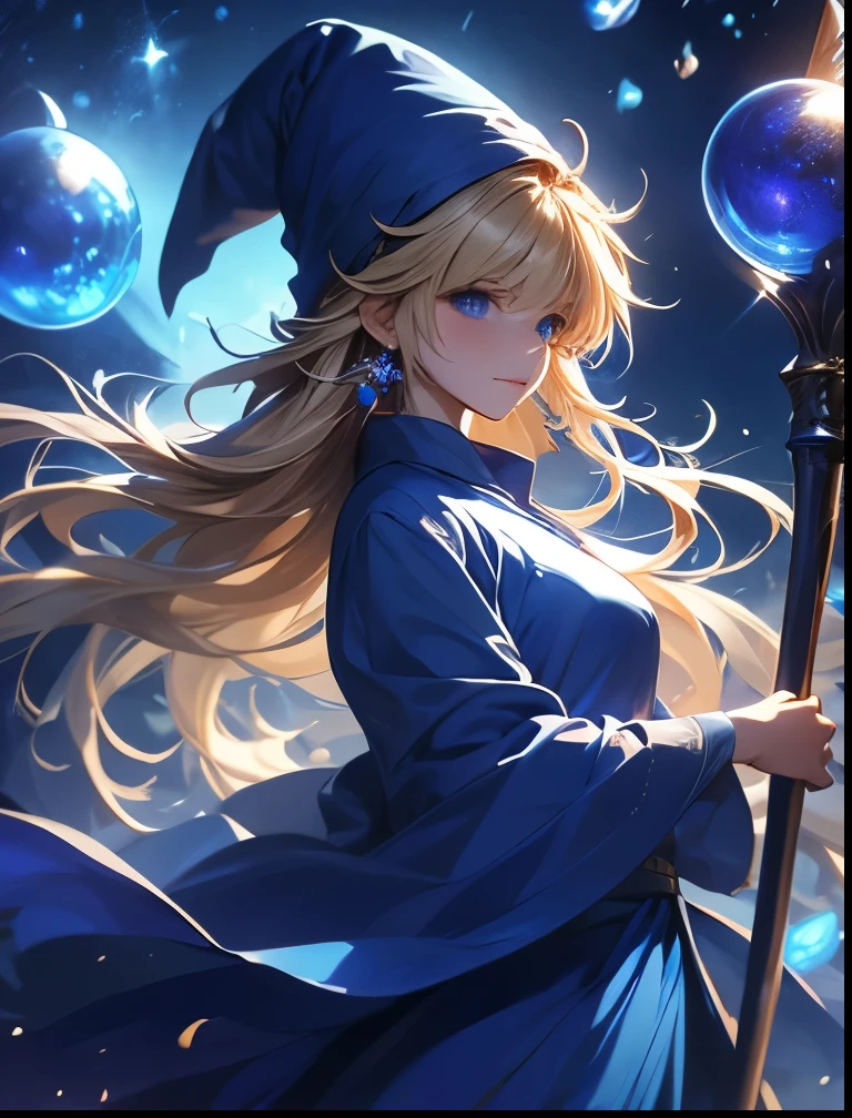 （（（ＳＦＷ、Precision、Highest quality、A first-class masterpiece、Normal body、8k、  Detailed Face 、Ultra-precision、 Normal hand、５refer to、Highest）））、Witch、Witch（Puyo Puyo）、adult、 Blonde Long Hair 、 Blue Mage Robe、 Blue Mage Hat 、Broom Wand 