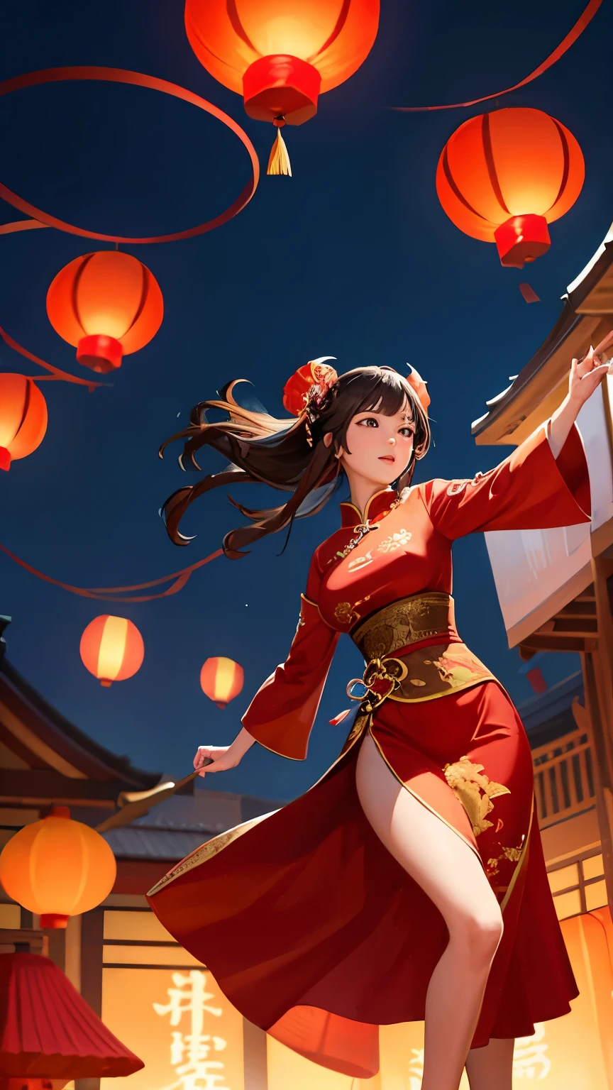 Chinese New Year background with dancing people and fireworks, chinese ribbon dance, nanquan, Chiba Yuda, inspired by Cao Buxing, Middle metaverse, warm and joyful atmosphere, ruanjia, jubilant blissful atmosphere, Chinese New Year in Shanghai, inspired by Ding Yunpeng, year 2447