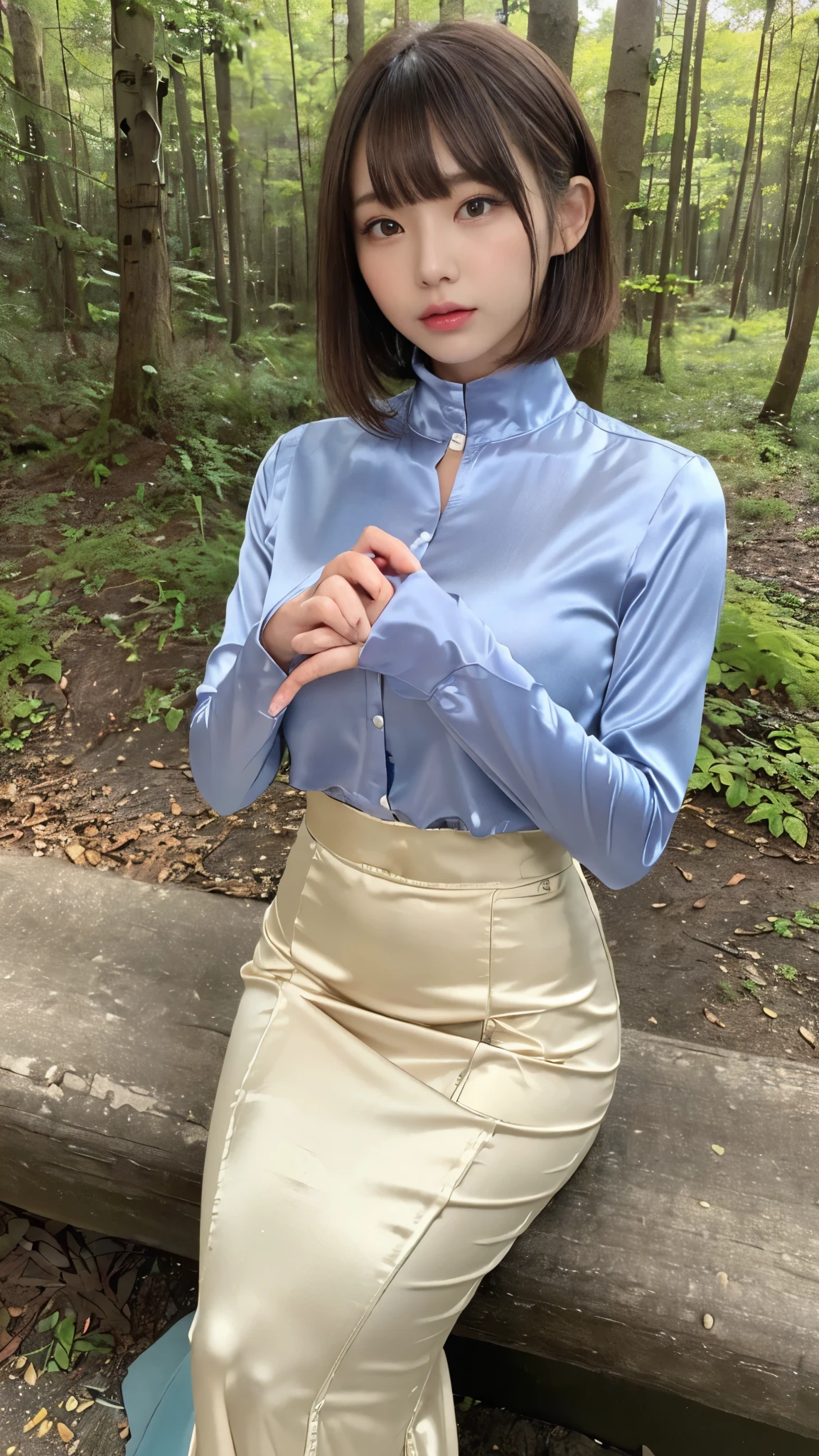 (masterpiece, Best Quality,    super high definition ),  extremely detailed CG  ,  short bob hair with bangs 、  beautiful face、(((  very pretty Japanese woman hiding her chest with her hands ))),(( satin high waisted mermaid pencil skirt)),(((  long skirt )))、((( long sleeve high neck shirt in shiny thin satin fabric that fits the body)))、((Sitting in the forest on a dark night)),Hands on the ground