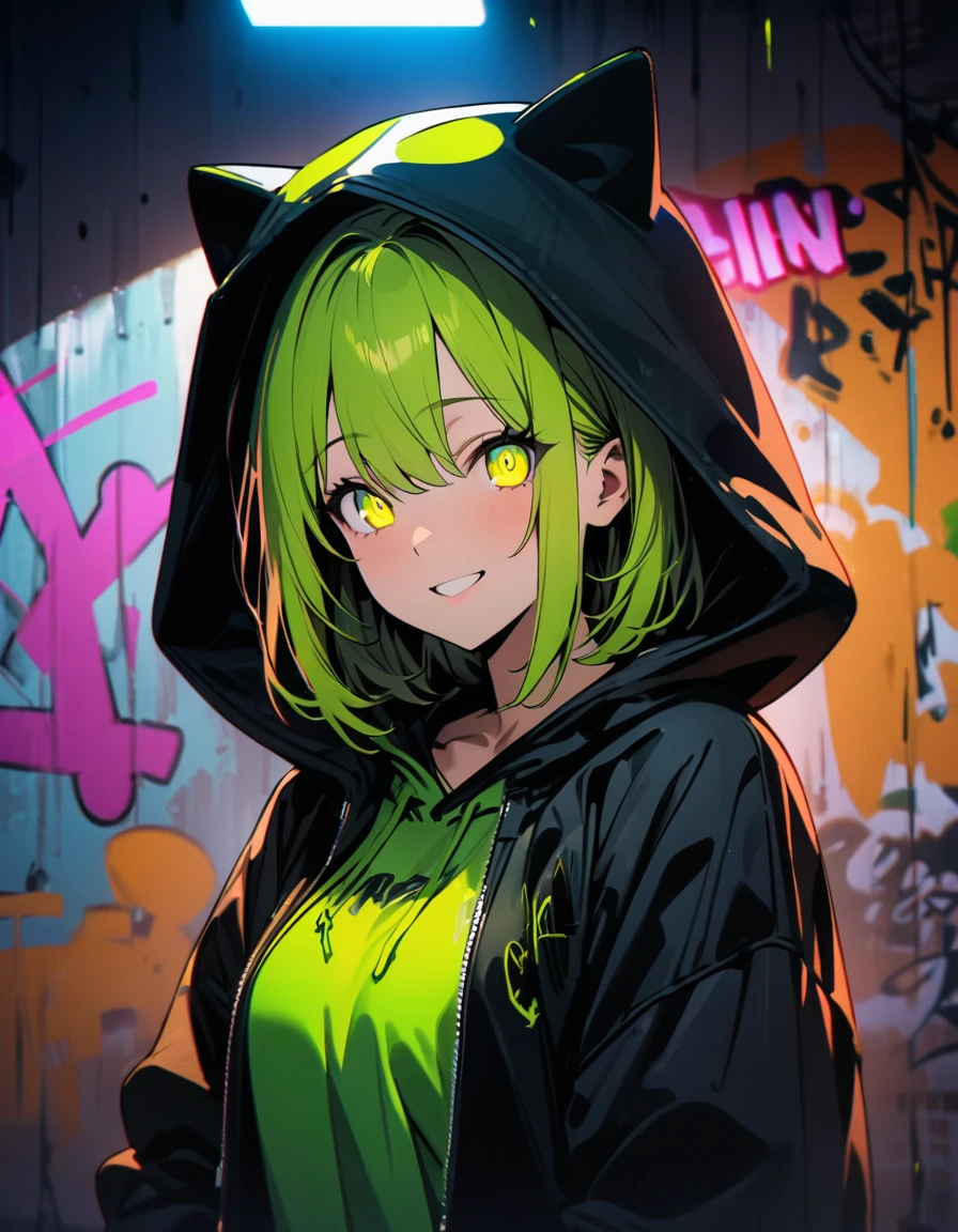 masterpiece, Best Quality, 8k, detailed background, masterpiece, Best Quality, smile,  t I ,  HOODIE, Portraiture, Neon Yellow, graffiti, dark, night, Shining Eyes,  Black Light,Nakano Yotsuba