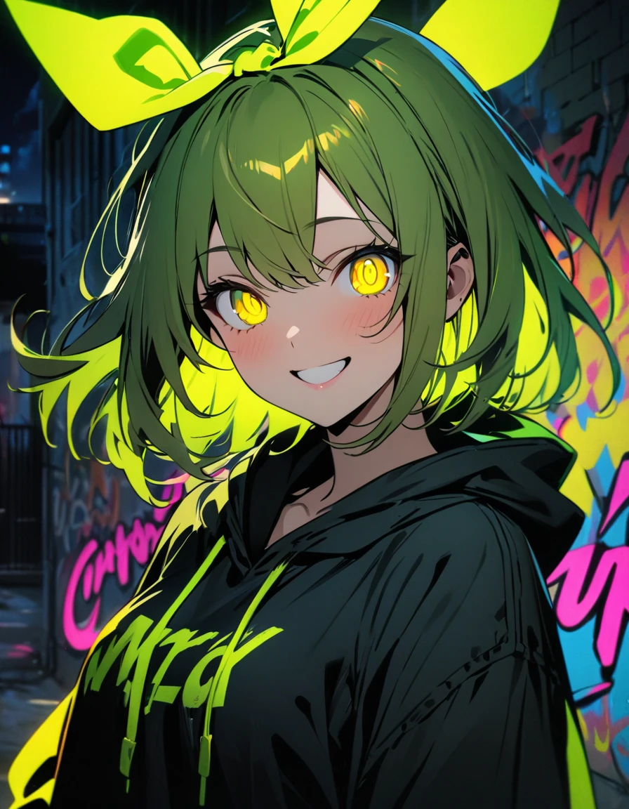 masterpiece, Best Quality, 8k, detailed background, masterpiece, Best Quality, smile,  t I ,  HOODIE, Portraiture, Neon Yellow, graffiti, dark, night, Shining Eyes,  Black Light,Nakano Yotsuba