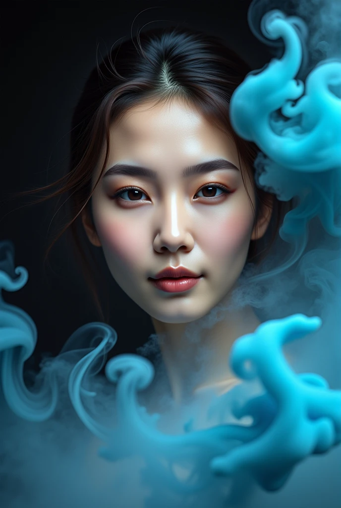 A highly realistic photograph of an Asian woman (close-up of the upper body: 1.5). Her face is slender and a softbox illuminates the woman's face, highlighting the fine texture of her skin and eyelashes (swirling, multi-colored smoke surrounds her: 1.8). Her eyes stare directly into the camera, she is smiling, and her mouth is slightly open. The studio setting provides an infinitely dark background, contrasting with the woman's realistic skin texture (multi-colored smoke: 1.5). Her features are highlighted by the soft light, and a mysterious two-tone mist creates an otherworldly atmosphere (colored smoke fills the frame: 1.8), against a pitch black background