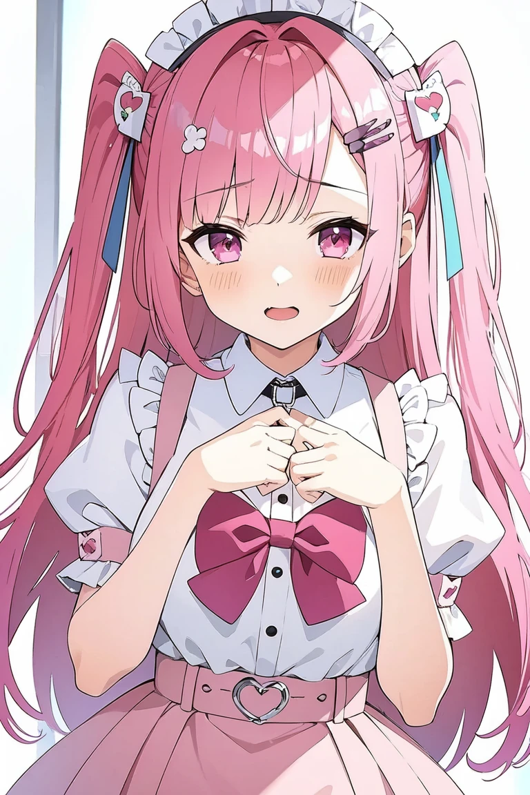 (Masterpiece,Top Quality:1.2),1 girl,solo,sakuna,pink hair,two side up,Hair ornament with clione and ribbon,(hair ornament),embarrassed,school uniform,short sleeve shirt,hands on own chest,school