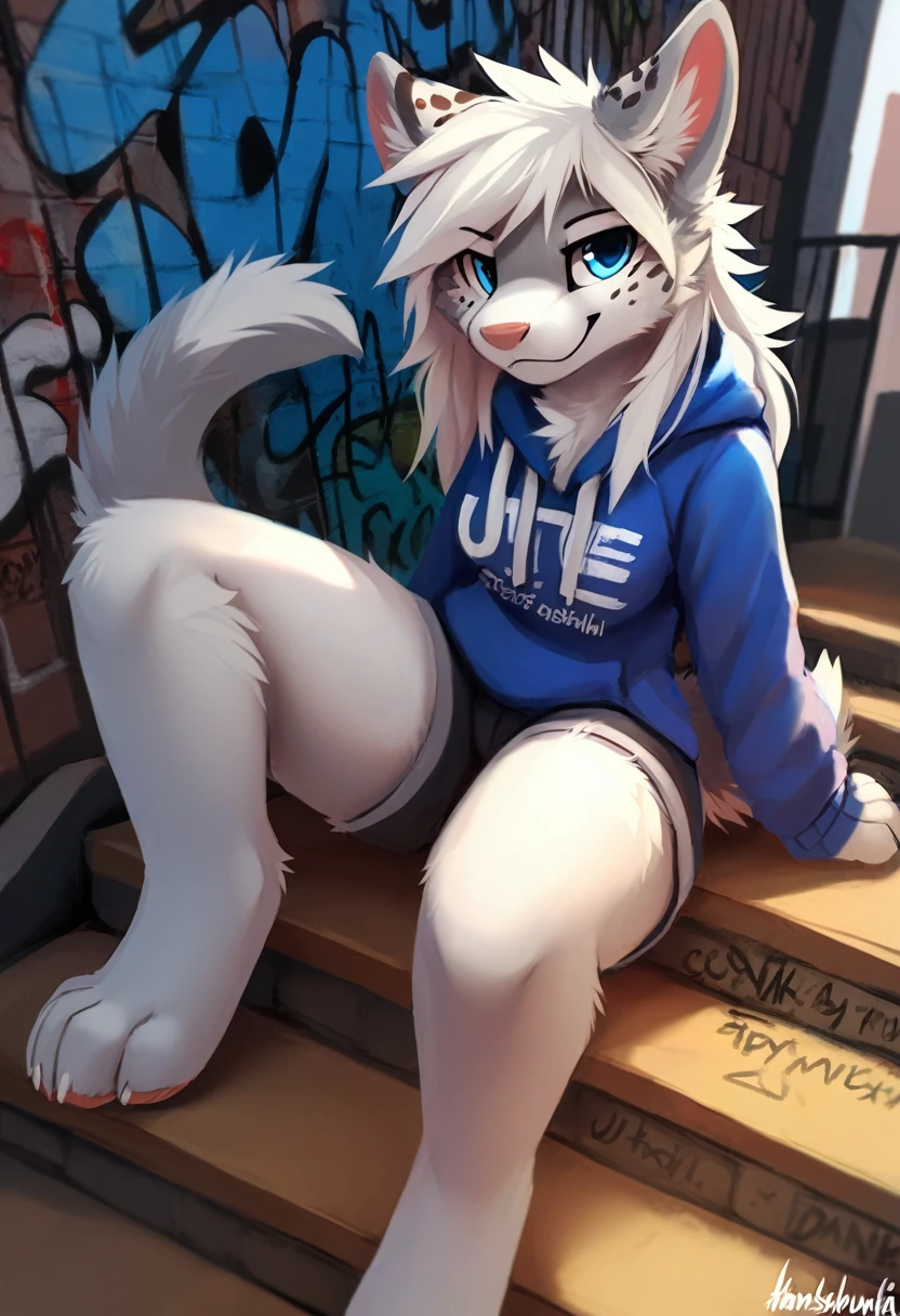 1girl, solo, (graffiti:1.3), sitting on stairs, short shorts, Dark_Blue Sweatshirt, Grey and white fur Cheetah, long hair, Pale_Yellow hair, (tilted angle, dutch angle:1.3), looking at viewer, blue eyes, Cool smirk, Furry paws, Best paws, Four digit, (best quality, masterpiece, illustration, ultra-detailed:1.3), (uploaded on e621, furry, anthro, by thanshuhai, by Nukkir),