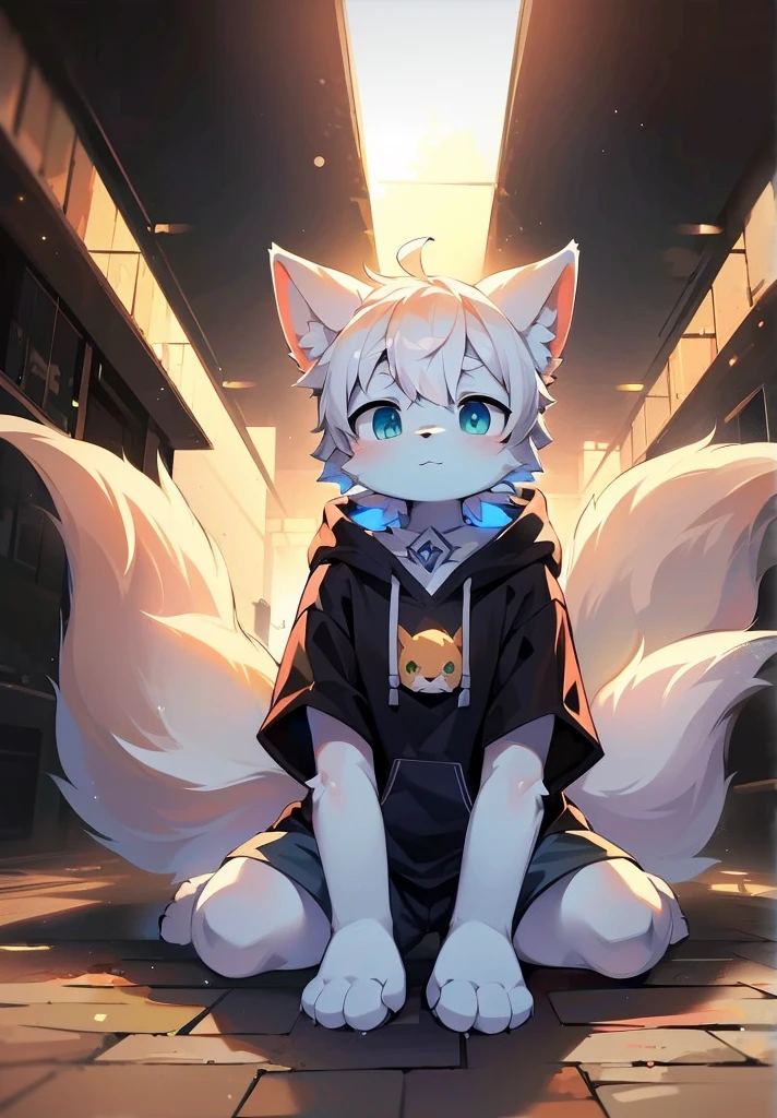 One Person, s , fluffy shota ,wolf,หางwolf(Has 9 tails ),White ears,Short white hair, green eyes, emerald ,  fine body hair ,(( fine body hair {x} men wearing a rabbit white hoodie, Black pants))Look at someone else , canine,  white body hair ,The body is right,Detailed face,smile,Small eyebrows, detailed eyes ,  detailed body ,ขนตาม detailed body , Detailed hands , shiny body ,  shiny body , thin, Full Body,เท้าที่มี three toes ,  three toes ,Straight body,kneel,In an abandoned building, light around 