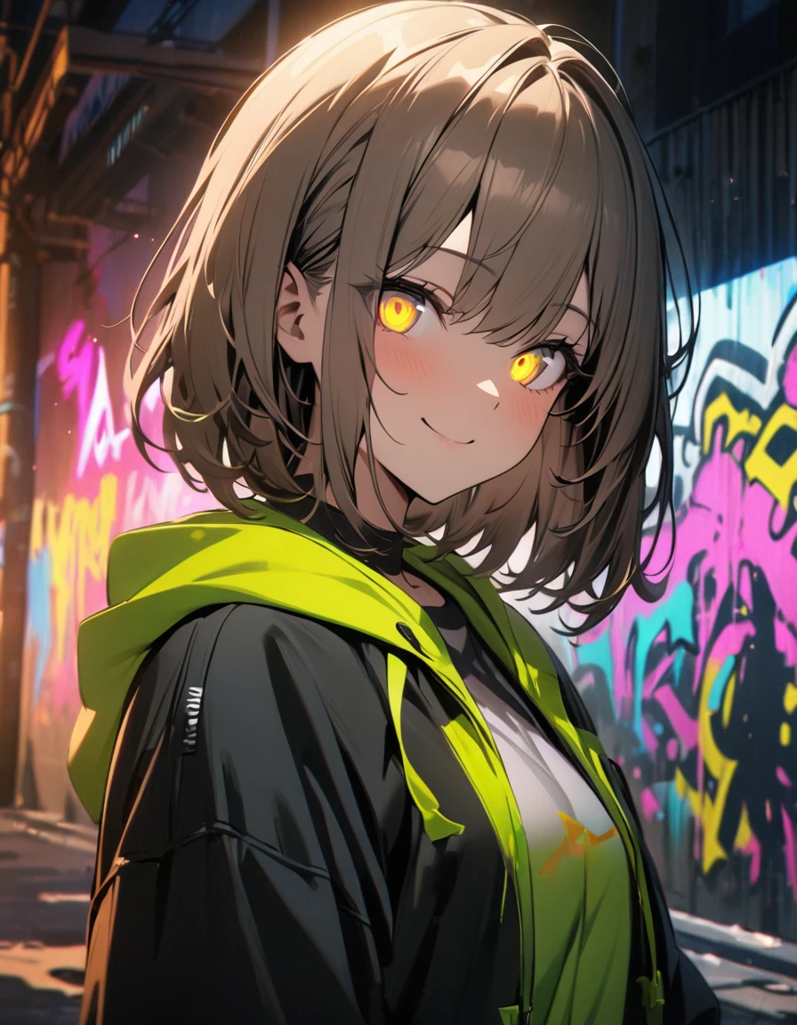 masterpiece, Best Quality, 8k, detailed background, masterpiece, Best Quality, smile,  t I ,  HOODIE, Portraiture, Neon Yellow, graffiti, dark, night, Shining Eyes,  Black Light,Nakano Yotsuba