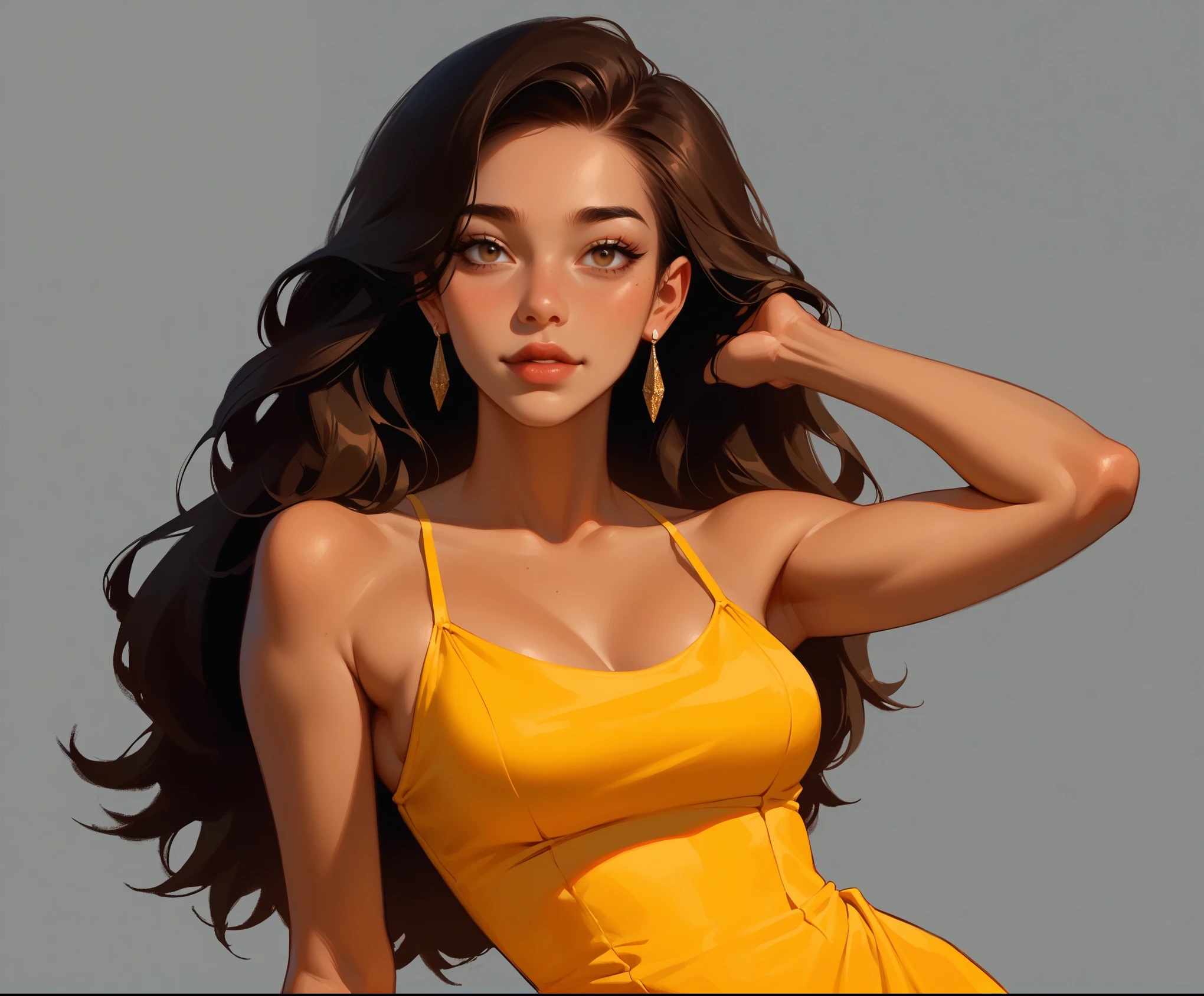 best quality, clear quality, high quality, 4K, 8k, one женщина,  Latin American girl with dark skin , long dark hair ,  in a yellow short Latin American dance dress,  art, smiles, просто costs ,costs, talks, just chatting ,  art, , the dance room ,  in a Latin dance dress,  yellow Latin American dress, one,  full length,  art, smiles, 