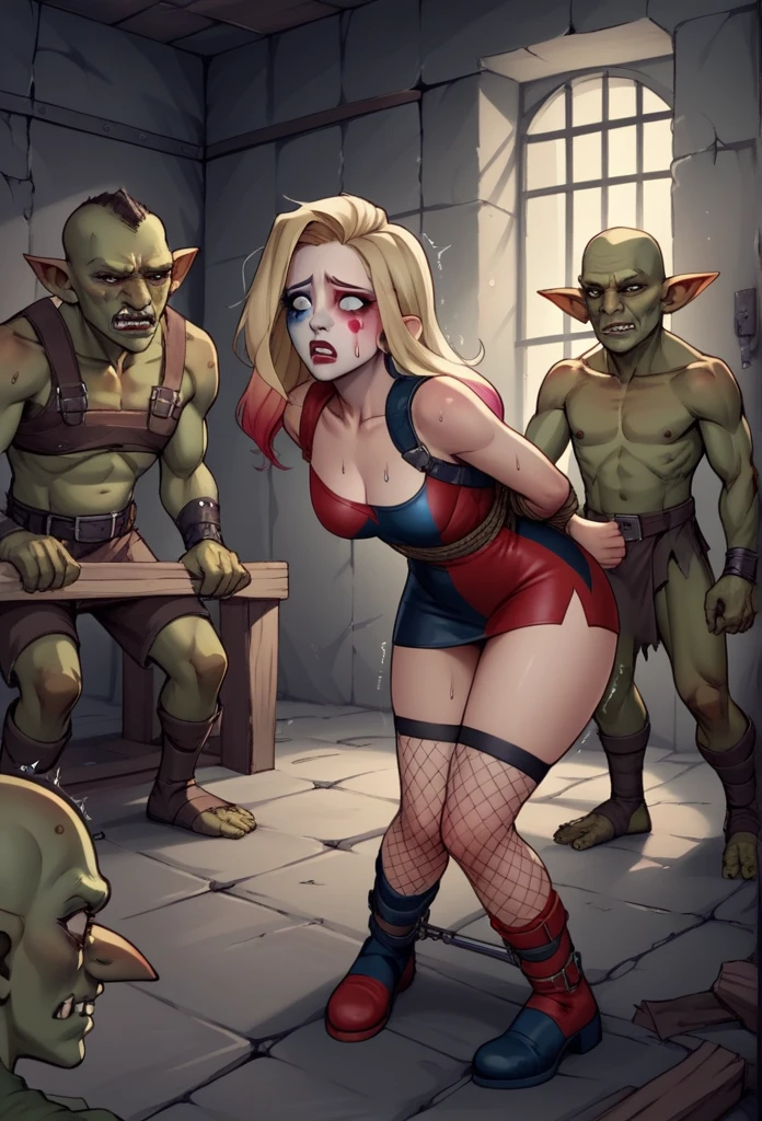 Harley quinn attacked by monsters, bound, abandoned basement, indoor, high quality,score_9,score_8_up,score_7_up,multiple monsters, group ,miscegenation,trembling, sad, goblin monster,creepy goblin,goblin cling to the girl,goblin attacking girl,pervert goblin, goblin monster, pinch,background filled with goblin,resistance,struggle, BREAK 1girl,  clover \(totally spies\), blonde hair, long hair, blue eyes, black fishnet stockings, (defeated), labolatory room