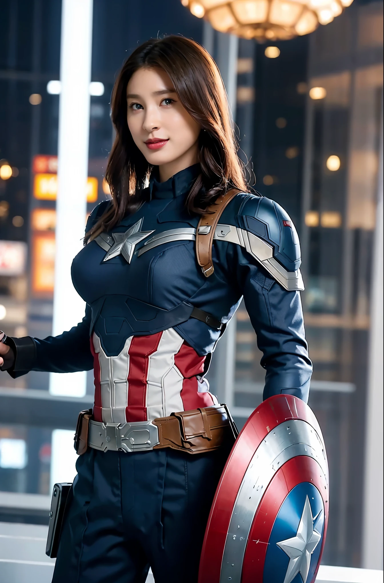 masterpiece,  1 girl, Beautiful woman、Marvel's Captain America , Delicate and delicate features,  American Dream ,  holding a round shield ,  The futuristic Times Square in New York is in the background,  Sci-fi ,  brown,  big and round breasts that stick out of the body, G-cup big breasts,  superheroine , Perfectly Proportioned,   Unvolume 1 Photo ,  super real , masterpiece, 8k, Large format camera , マーベルのキャプテン・アメリカ役のBeautiful womanの110mmレンズ ,  Dynamic Lighting ,  Captain America costume design for the 2022 movie Avengers Endgame,  a shield with a diameter of 90 cm that is the symbol of Captain America , Overall bright, Horizontal angle to the front of the body,  full shot ,  Bright, soft lighting in sunlight , smile, Smile,  looking at the camera,  smiling at the camera ,  stretch your chest, grab your right hand at the waist, hold the shield in your left hand, Standing straight with legs shoulder-width apart , Full body portrait wearing a Captain America costume designed during Avengers Endgame,  anatomically correct portrait,