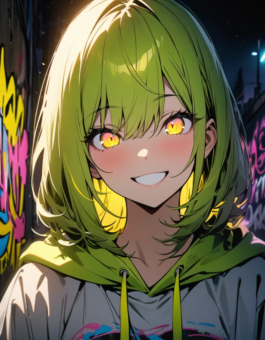 masterpiece, Best Quality, 8k, detailed background, masterpiece, Best Quality, smile,  t I ,  HOODIE, Portraiture, Neon Yellow, graffiti, dark, night, Shining Eyes,  Black Light,Nakano Yotsuba