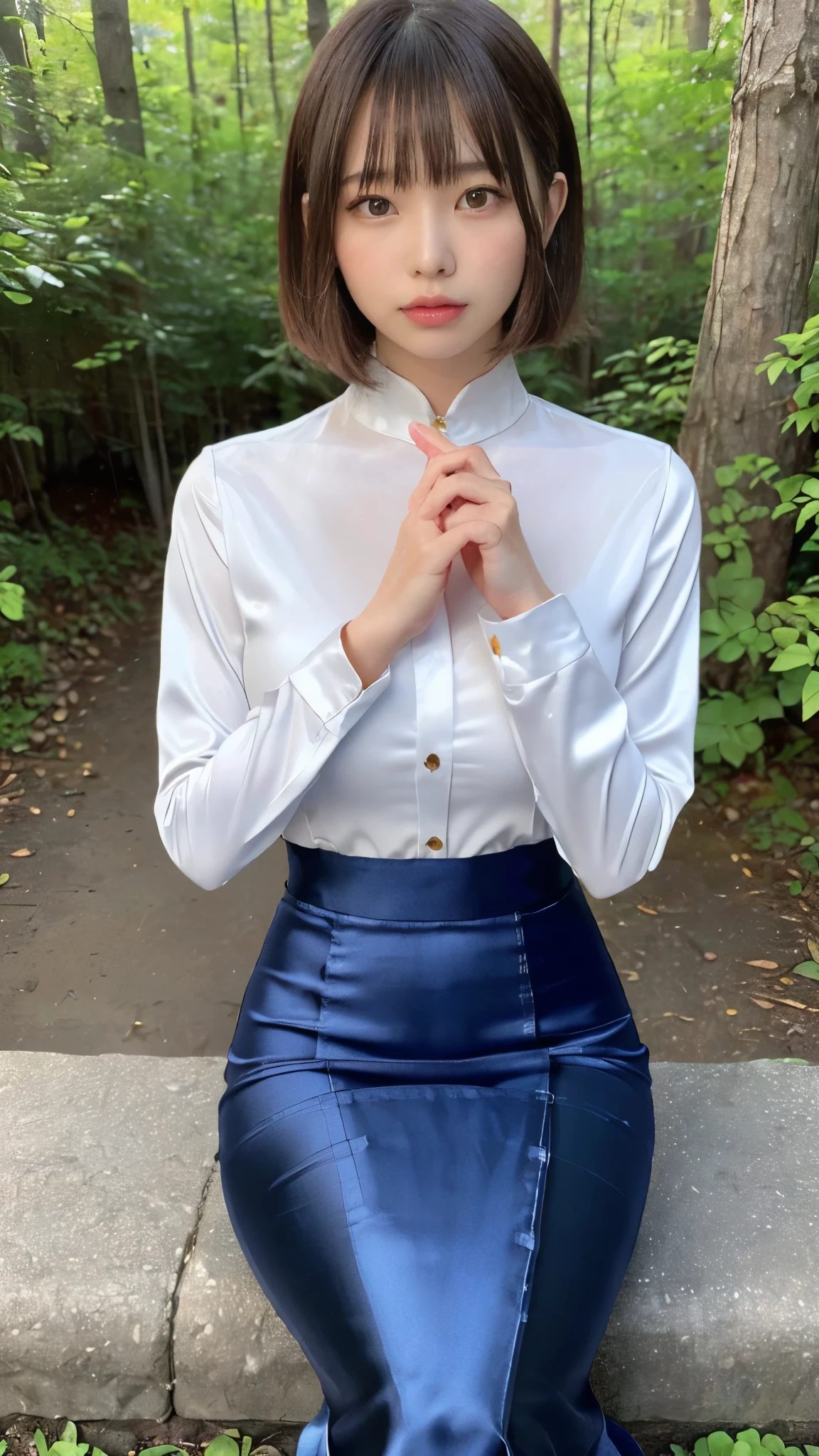 (masterpiece, Best Quality,    super high definition ),  extremely detailed CG  ,  short bob hair with bangs 、  beautiful face、(((  very pretty Japanese woman hiding her chest with her hands ))),(( satin high waisted mermaid pencil skirt)),(((  long skirt )))、((( long sleeve high neck shirt in shiny thin satin fabric that fits the body)))、((Sitting in the forest on a dark night)), sexy hipped 