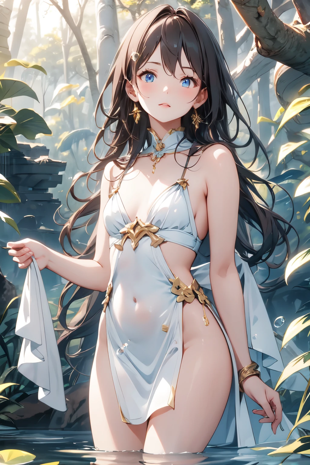 ((Top Quality)), ((Excellent)), (Details) ,((Water Spirit)),((Girl)), Dark Hair, (Young Face),((Straight Hair)),Shiny Hair ,Girl, Medium Bust, Cowboy Shot,((Blue Eyes)), Masterpiece, ((Pure White Chiton)),((Chitons are Ancient Greek Clothing)), Natural Light, Outdoors, ((Pond)), (Deserted Forest) , ((One Girl)), ((Standing on the Water)), (Lots of Bubbles), Stunning Setting, Bright Colors,((In the Forest)),((Small Pond)) ,