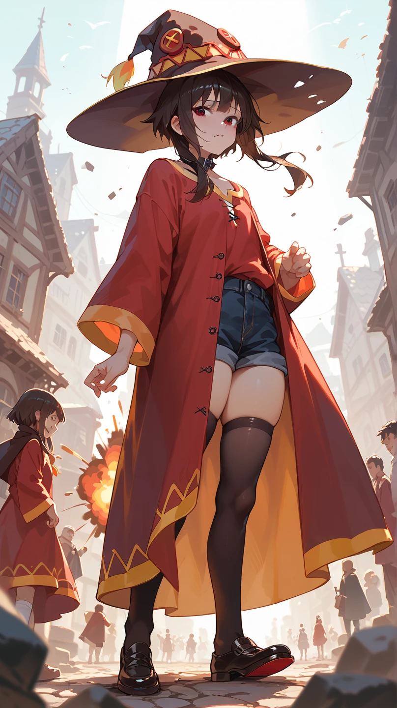 Megumin、random system、Black underwear、Red Robe、Big hat、Erotic,Background explosion
