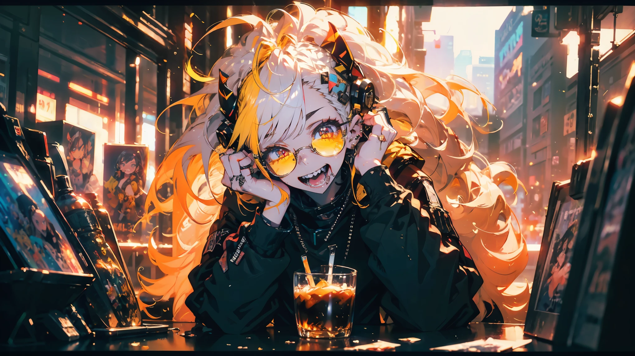 (masterpiece, top quality :1.2), , Alone,Drink a cup of coffee, anime girl with sunglasses in her hair, Yellow eyed , With shining eyes, Very Detailed Background , A girl, textured skin with very large breasts, ultra high definition, Very Detailed , top quality , high res, masterpiece, dark hair , Yellow hair, gradient color hairstyle , Messy hair, big boobs, earring, Golden eyes, ultra wide angle , Horn of the Beast , cinematic lighting effects , contrast , surrealism, ((( perfect face ))), ((( Various Hair Colors ))), Ultra fine teeth , , grunge style , painful clothes , oversized flannel , ripped jeans, Combat boots, band t-shirt , dark color , Rebellious Accessory BREAK , Bold , The vibrant energy of graffiti art , dynamic shape , vibrant colors , and the feeling of urban culture and rebellion, rabbit