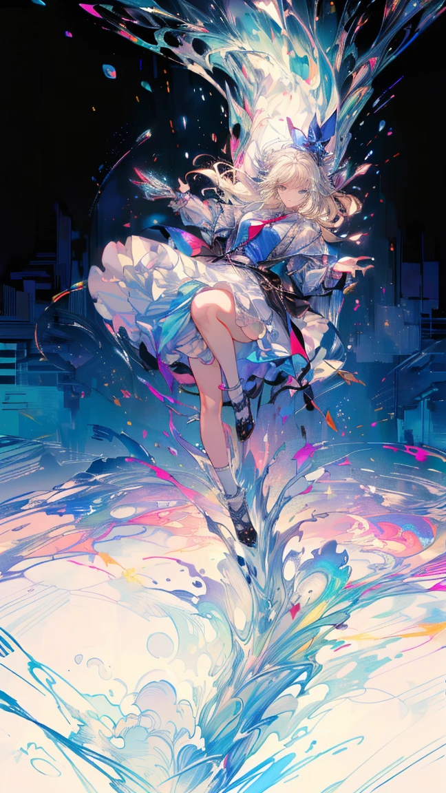 (Best Quality, Masterpiece: 1.1), (Realistic: 1.4), Beautiful naked girl is riding on the rainbow squid, god ray, teen, silver short hair, blue eyes, full body, from below, hourglass body shape, flying over the park, crystallineAI, fractal art, splash
