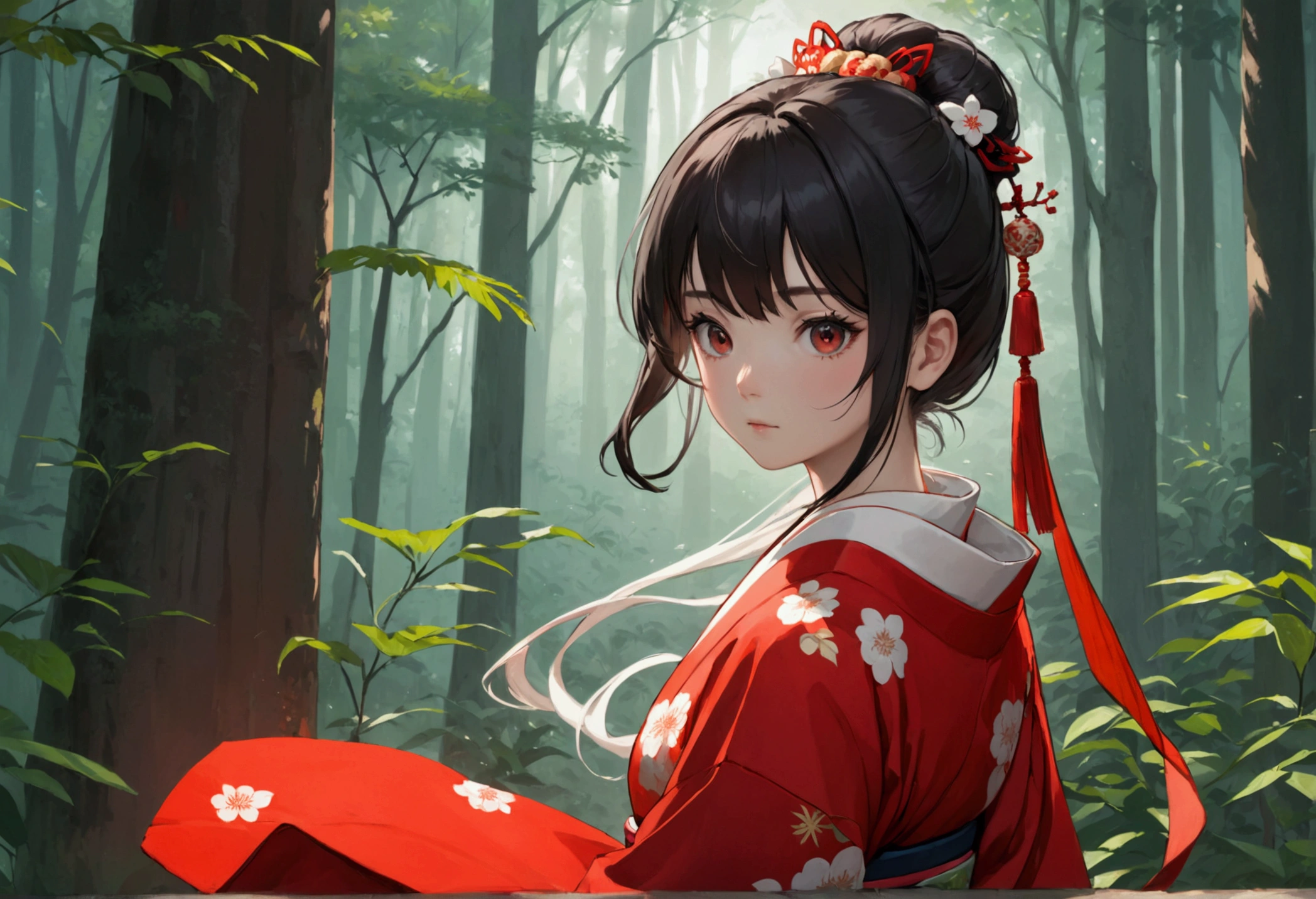 official art, unity 8k wallpaper, ultra detailed, beautiful and aesthetic, masterpiece, best quality,1girl,full body,skills_pose, meditation pose1, kimono clothes red and little white, forest china background, looking at the viewer.