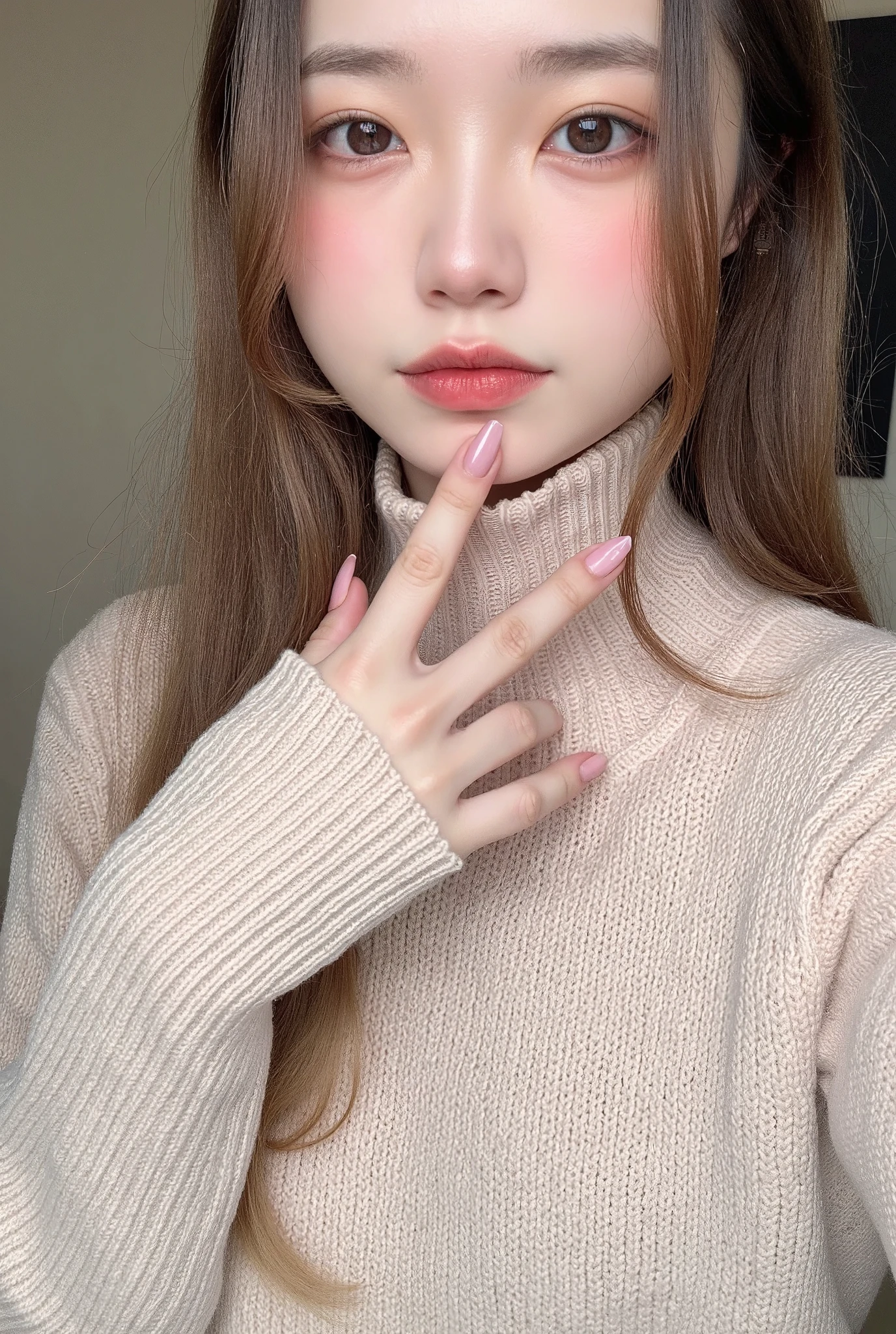 Best Quality,   absurd,   very detailed,   pattern _this,   1 girl, Alone_ concentrate , (((Please stare at the summit  :1.2)))、  and lower your hair、High neck knit、 Beige knit