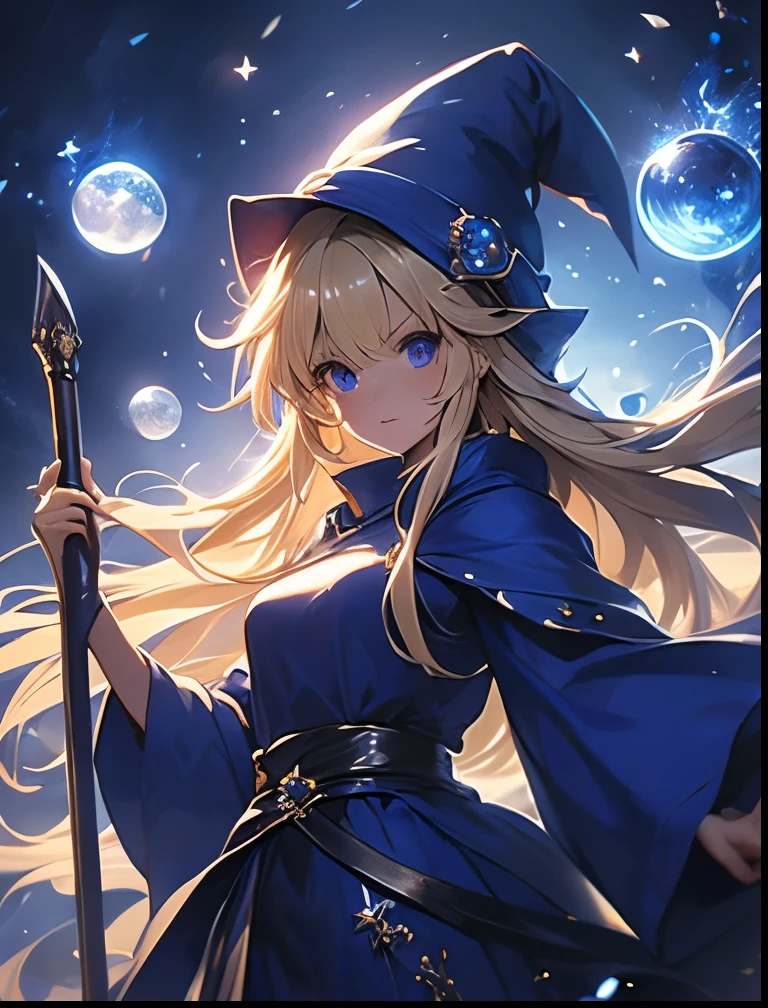 （（（ＳＦＷ、Precision、Highest quality、A first-class masterpiece、Normal body、8k、  Detailed Face 、Ultra-precision、 Normal hand、５refer to、Highest）））、Witch、Witch（Puyo Puyo）、adult、 Blonde Long Hair 、 Beautiful Girl、 Blue Mage Robe、 Blue Mage Hat 、Broom Wand 