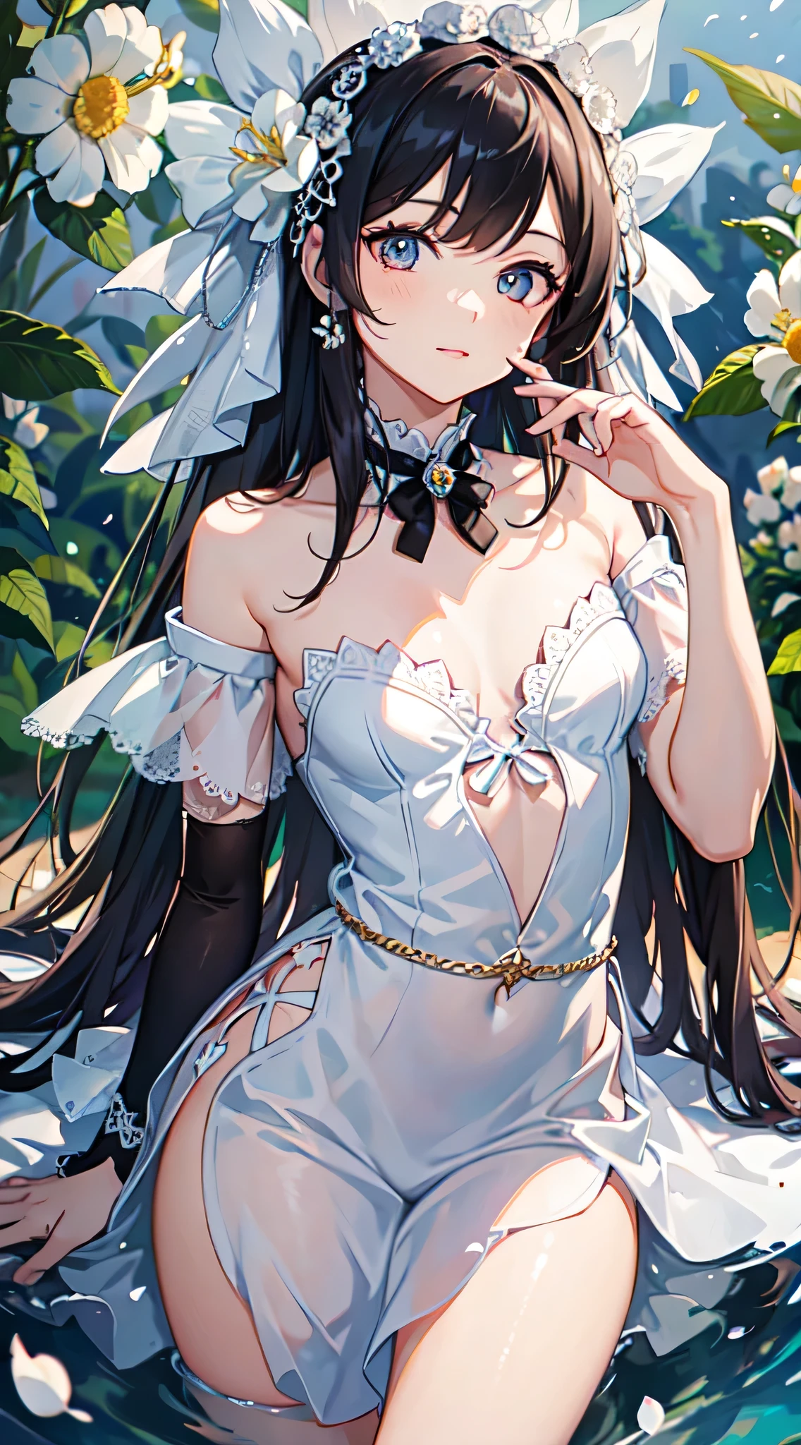 1 girl、kiss，Fox ears，Close-up of face，(8k、Highest image quality、best quality、masterpiece)、Full body wrapped in white tights，White flower tiara，White gloves，White stockings，slim，Large Breasts，Extremely detailed facial details, handcuffs，collar，Calm expression,Red lips，sweet smile，Black long hair, Attractive blue eyes, Fox ears, Ridiculously big, glowing skin,forest，Flowers，Sitting in a sea of flowers，Grand scene