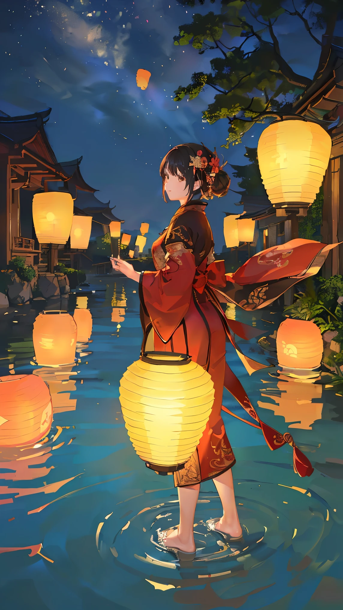 8k、Best image quality、Ultra-high resolution、Award-winning works)、Lantern Festival, Lots of lanterns floating in the river, 