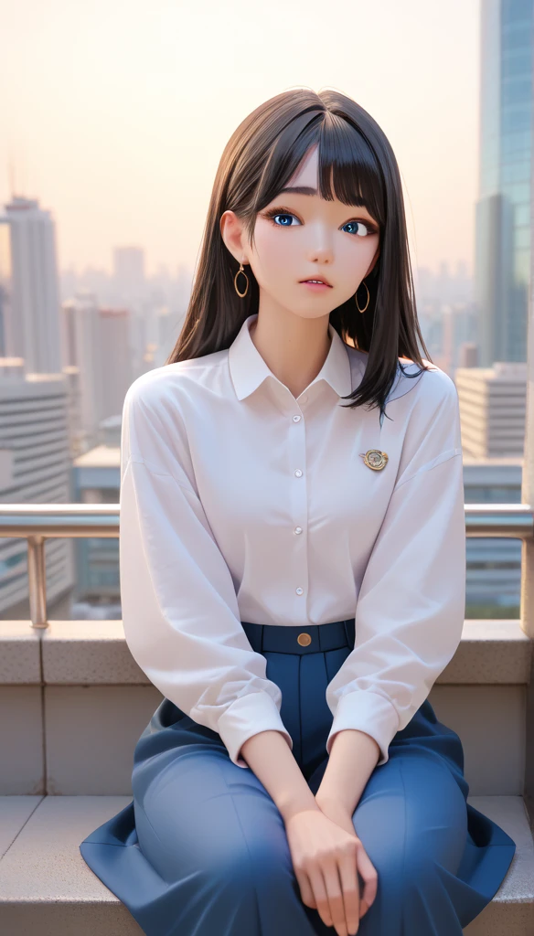 teen girl character is Sitting , with black hair, City background, Best Quality, HD, 8K Octane, blue Eyes, High Resolution, High Quality, Anatomically Correct, Korean girl, wearing Clothes Korean modern style